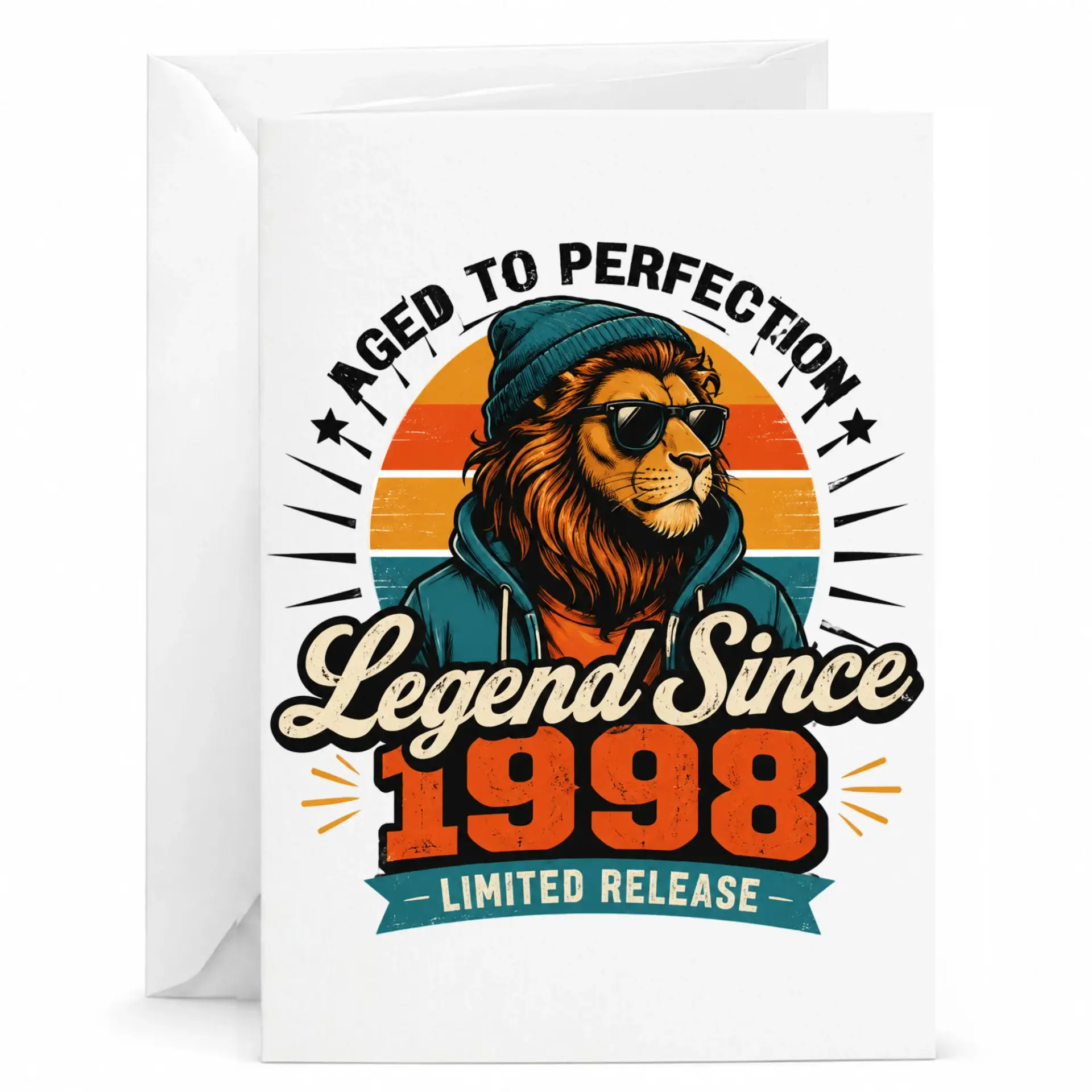 Greeting Card Aged to Perfection Legend Since 1998 Funny Birthday Gift for Him or Her Vintage Style Lion Graphic