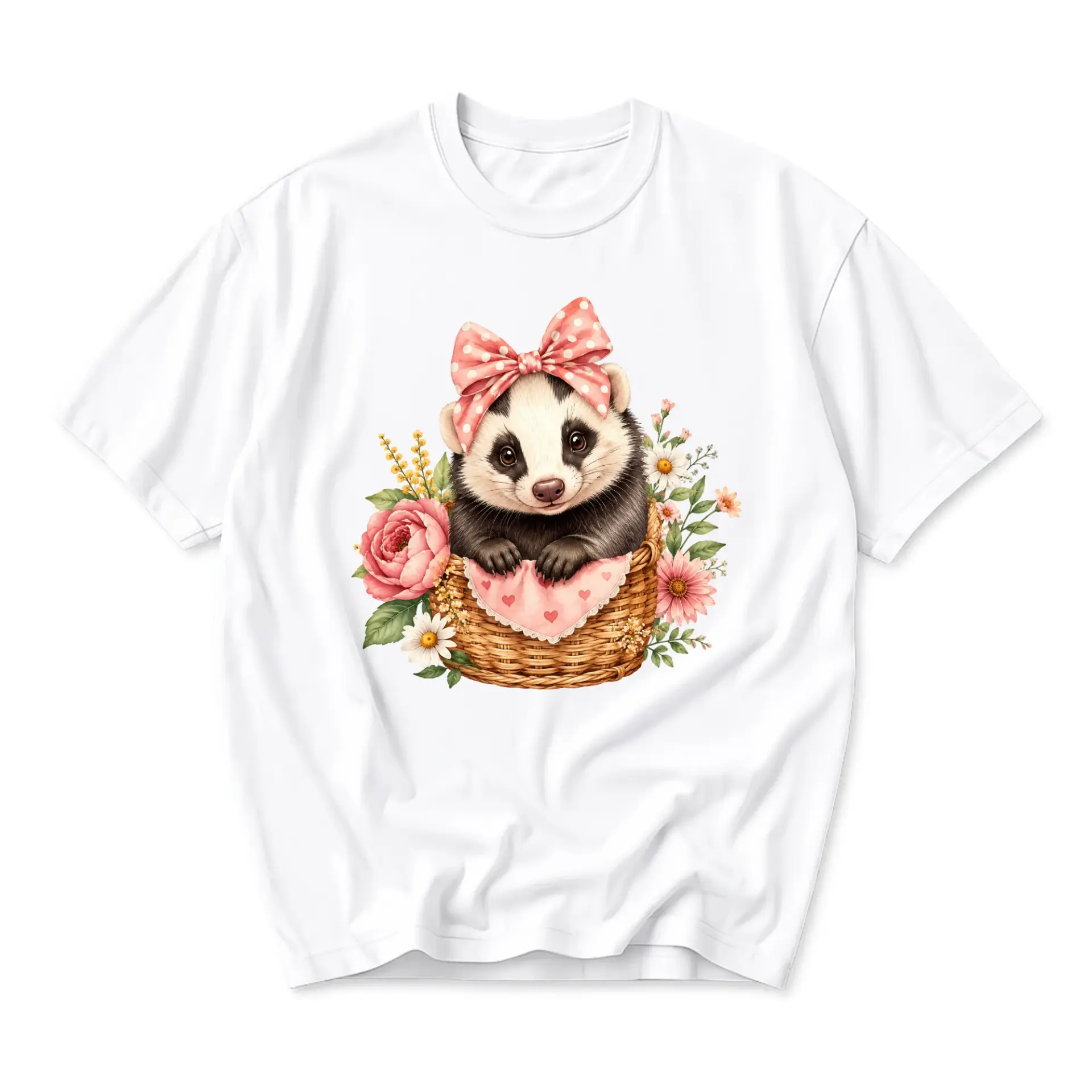 Graphic Tee Unisex Crew Neck Short Sleeve Shirt Cute Badger in Floral Basket Illustration Spring Nature Inspired