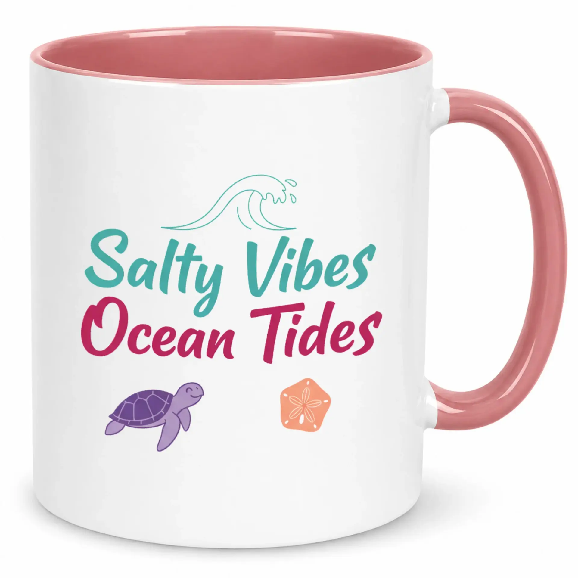 Coffee Mug, Salty Vibes Ocean Tides Ceramic Cup with Turtle and Sand Dollar Design, Beach Themed Drinkware Gift for Home & Office