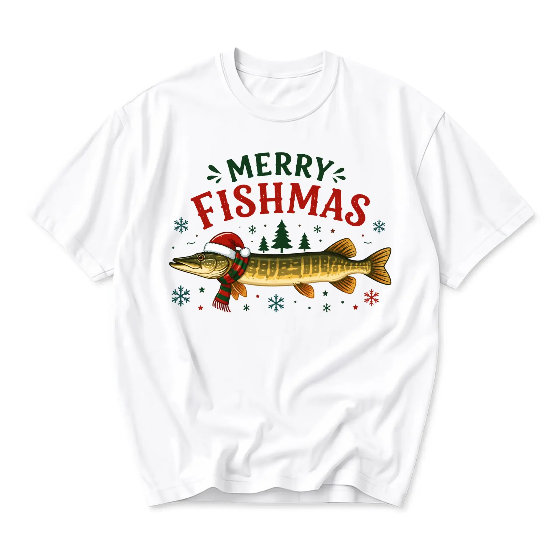Funny Shirt Merry Fishmas Holiday Graphic Tee Unisex Short Sleeve Crew Neck Cotton Casual Fishing Apparel White