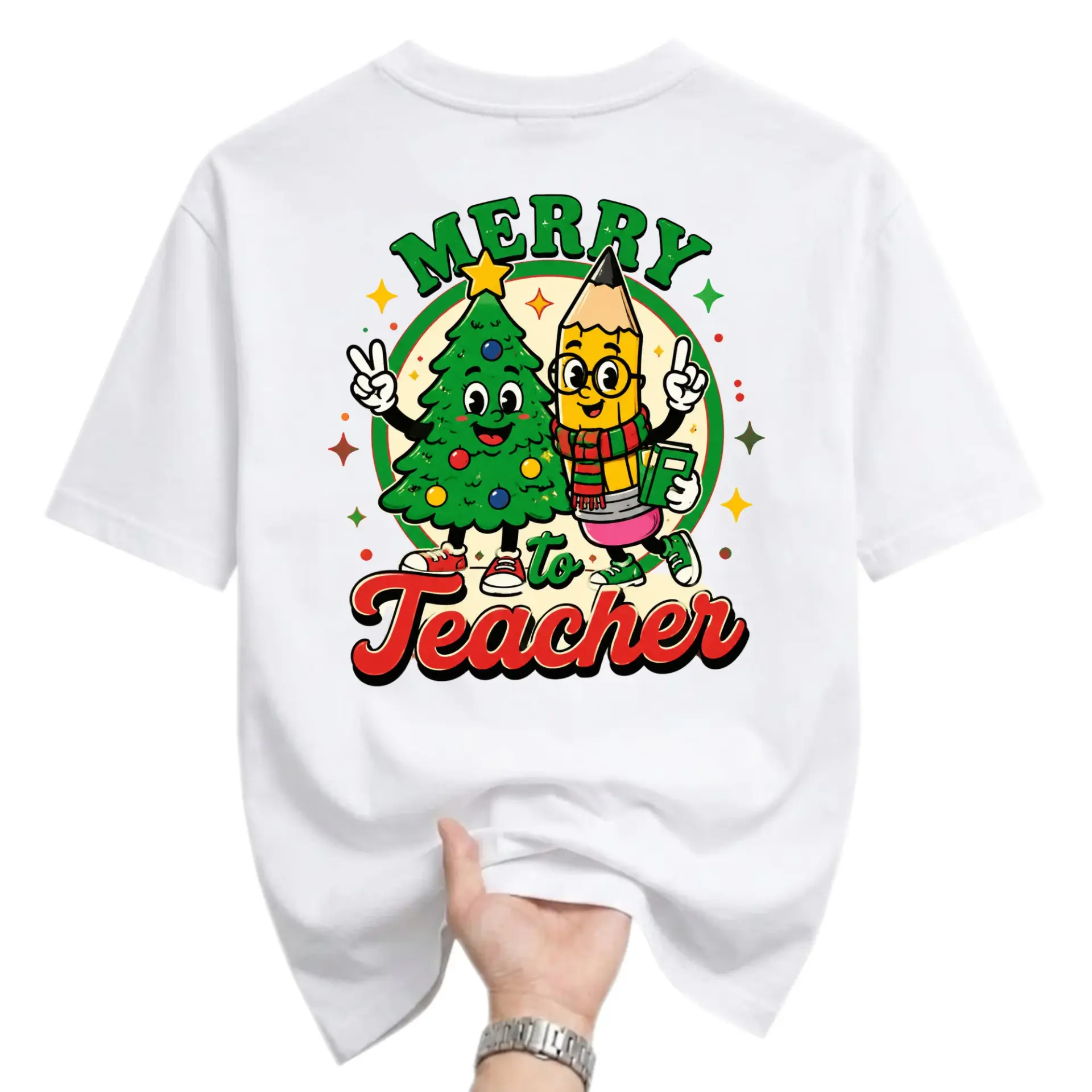 Graphic Tee Unisex Crew Neck Short Sleeve Shirt Merry to Teacher Festive Holiday Tree Pencil Illustration Print