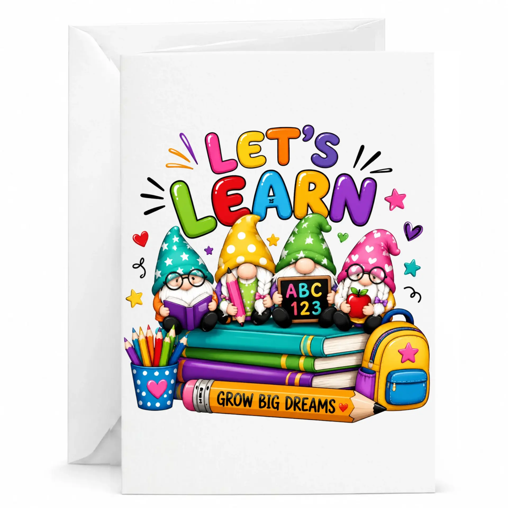 Greeting Card Let's Learn Whimsical Gnome Design for Encouragement and Premium Stationery Folded Note