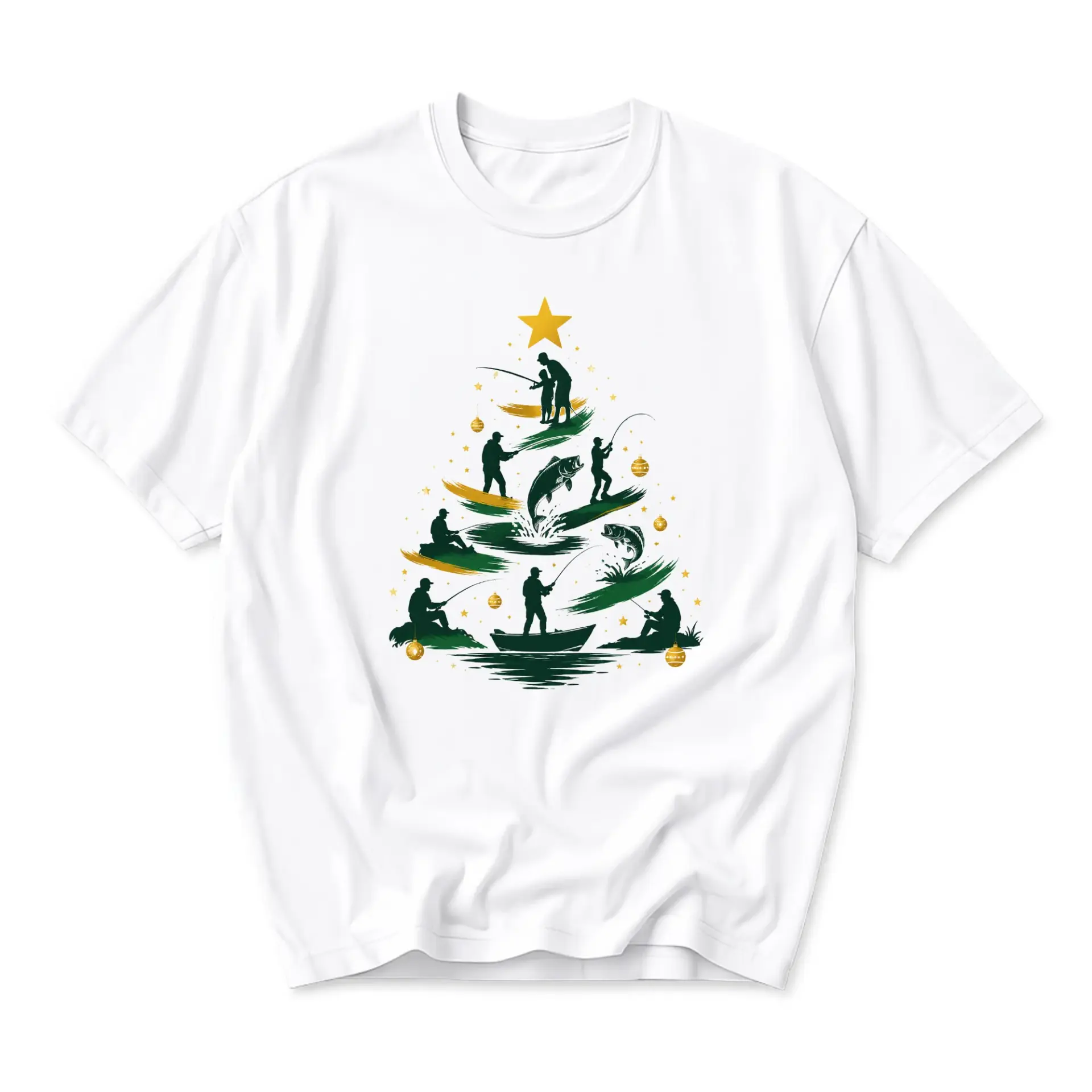 Graphic Tee Christmas Fishing Tree Design Unisex Casual Crew Neck T-Shirt Short Sleeve Cotton Everyday Apparel