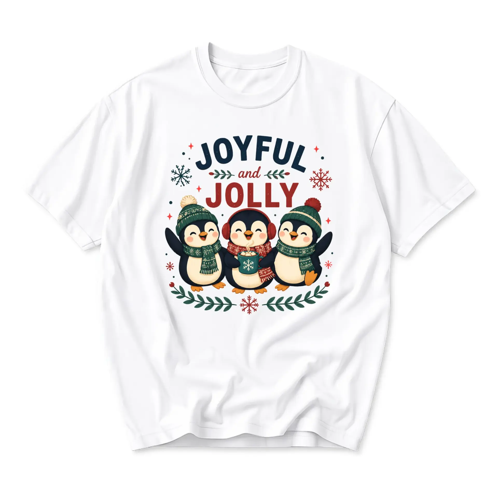 Graphic Tee Joyful and Jolly Penguin Illustration Unisex Crew Neck Short Sleeve Shirt for Casual Winter Holiday Wear