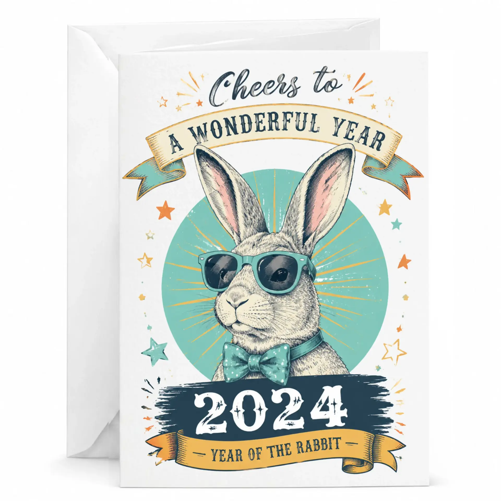 Greeting Card Cheers to a Wonderful Year 2024 Year of the Rabbit Design Stylish Animal Theme Note with Envelope 5x7 Inch