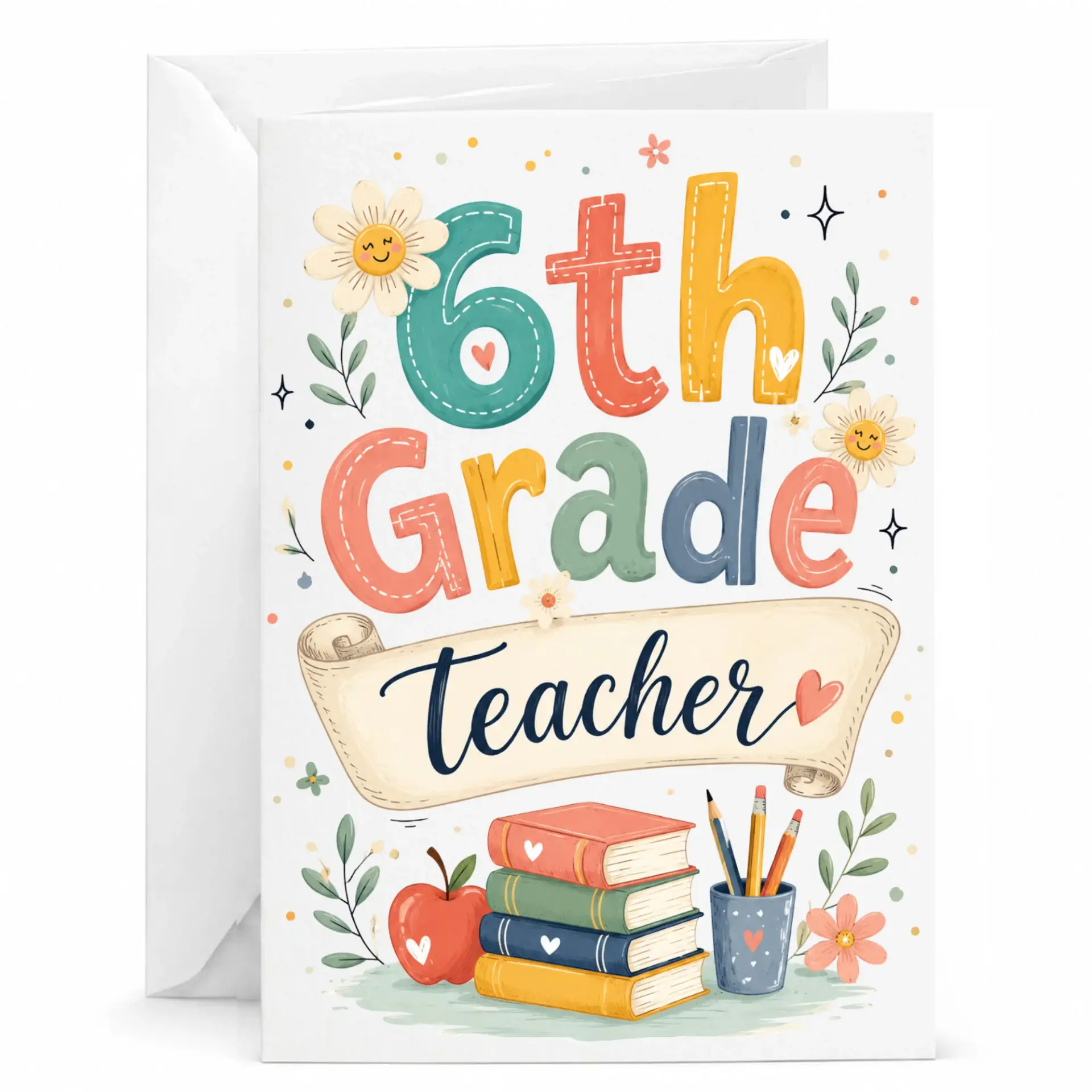Greeting Card for 6th Teacher Featuring Cute Educational Supplies Illustration and Colorful Typography Design