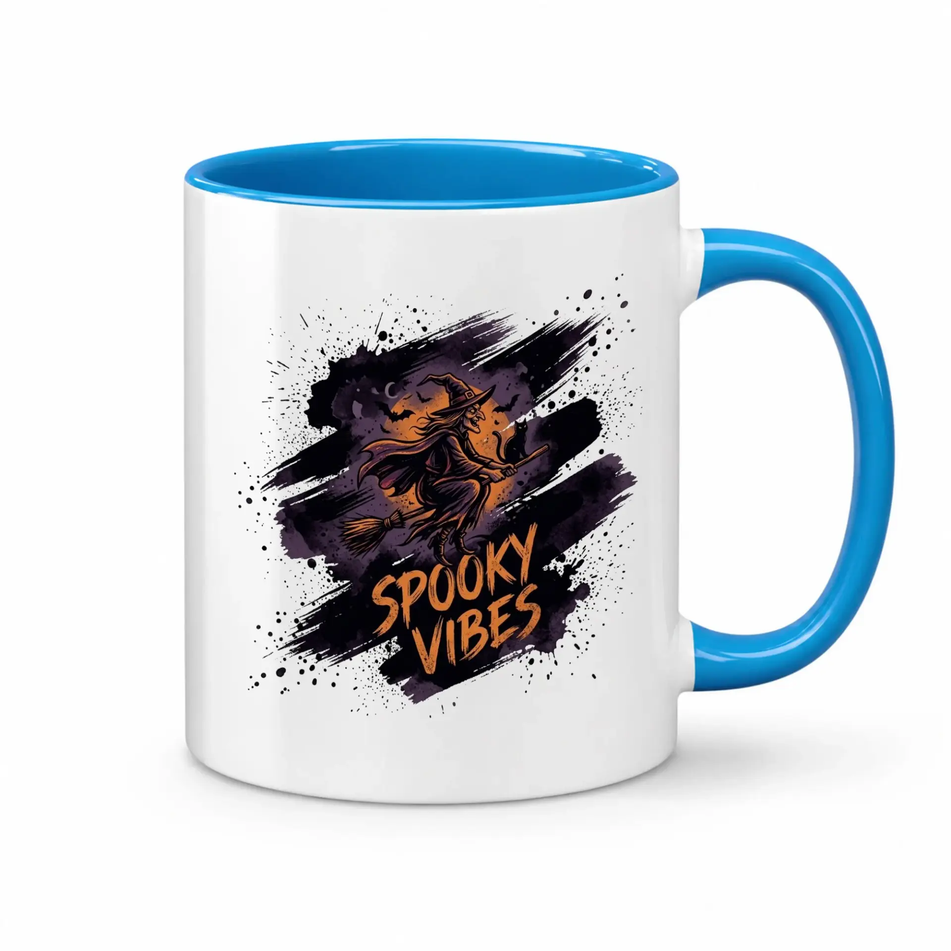 Spooky Vibes Witch Halloween Coffee Mug Decorative Ceramic Tea Cup with Blue Handle and Rim for Season Home