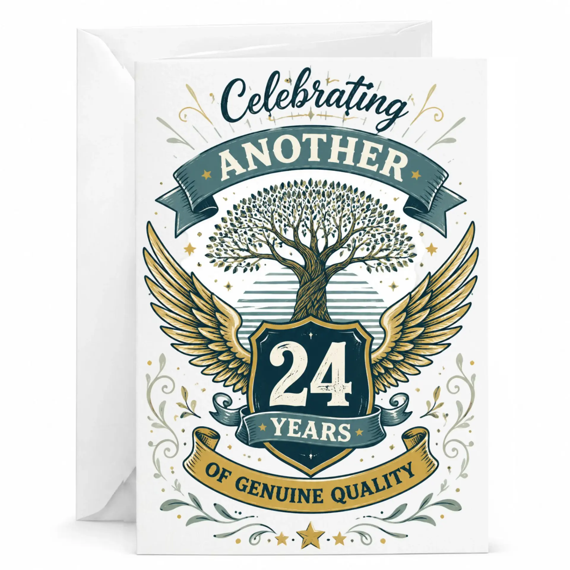 Celebrating 24 Years Anniversary Card, Elegant Vintage Style Milestone Greeting Card with Matching White Envelope