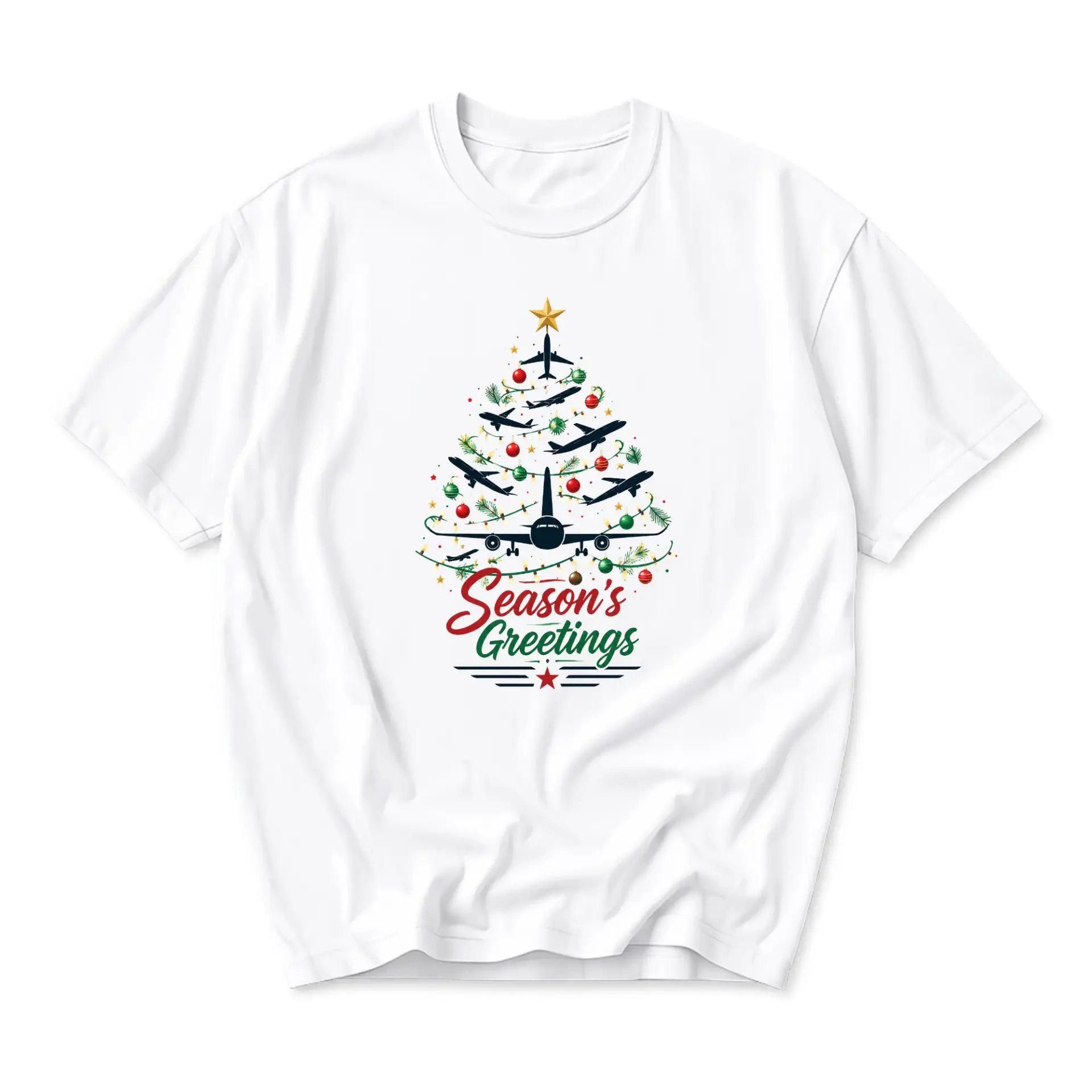 Graphic Tee Airplane Christmas Tree Holiday Shirt Unisex Casual Crew Neck Apparel for Aviation Enthusiasts and Travelers