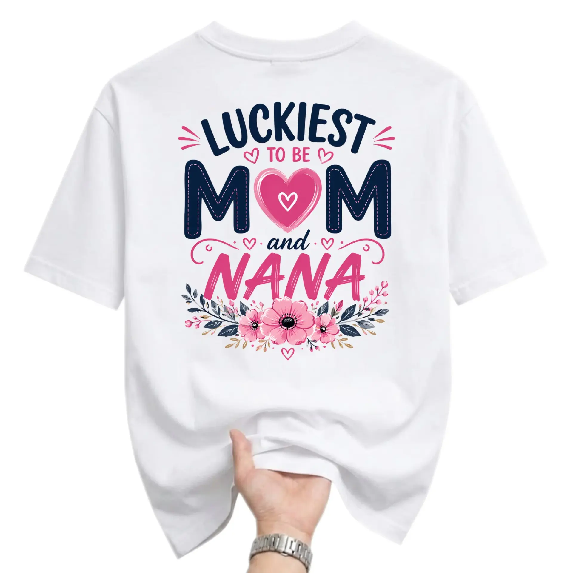 Graphic Tee Luckiest to Be Mom and Nana Unisex Casual Crew Neck T-Shirt Soft Cotton Blend Apparel Floral Heart Design