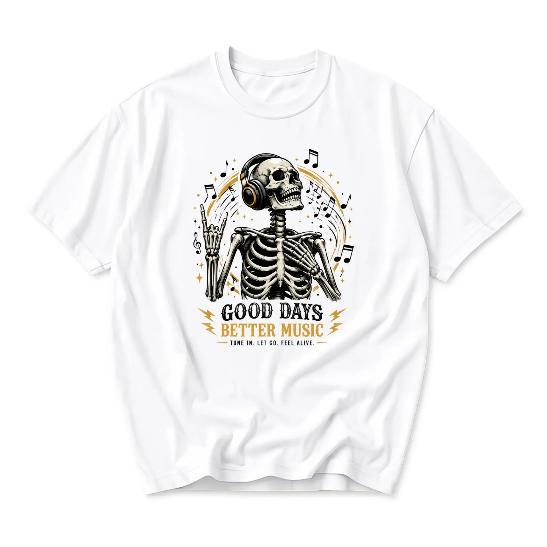 Graphic Tee Good Days Better Music Skull Skeleton Headphones T-Shirt Unisex Crew Neck Casual Everyday Wear Apparel
