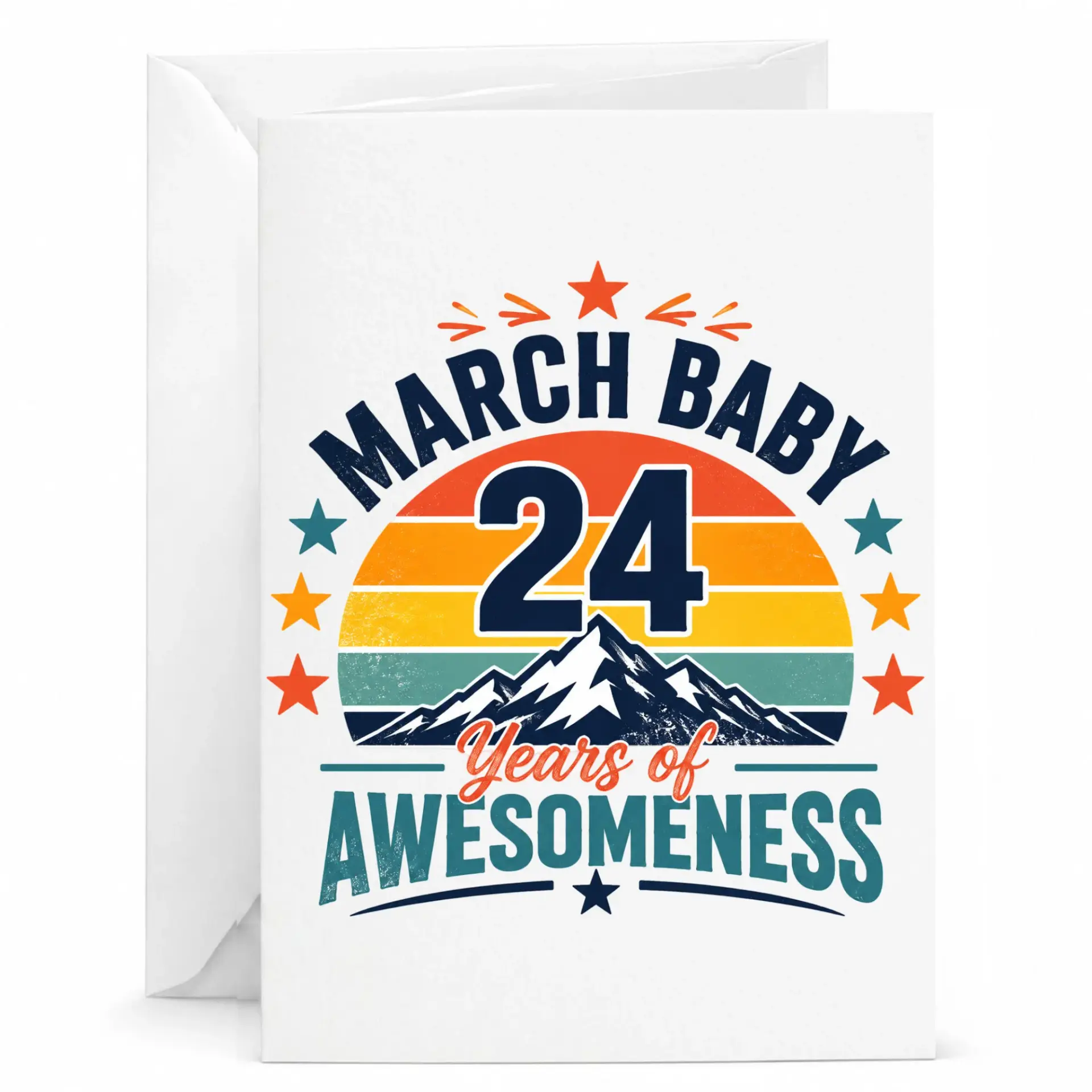 Birthday Card March Baby 24 Years of Awesomeness Retro Mountain Sunset Design Printed Greeting Card with White Envelope