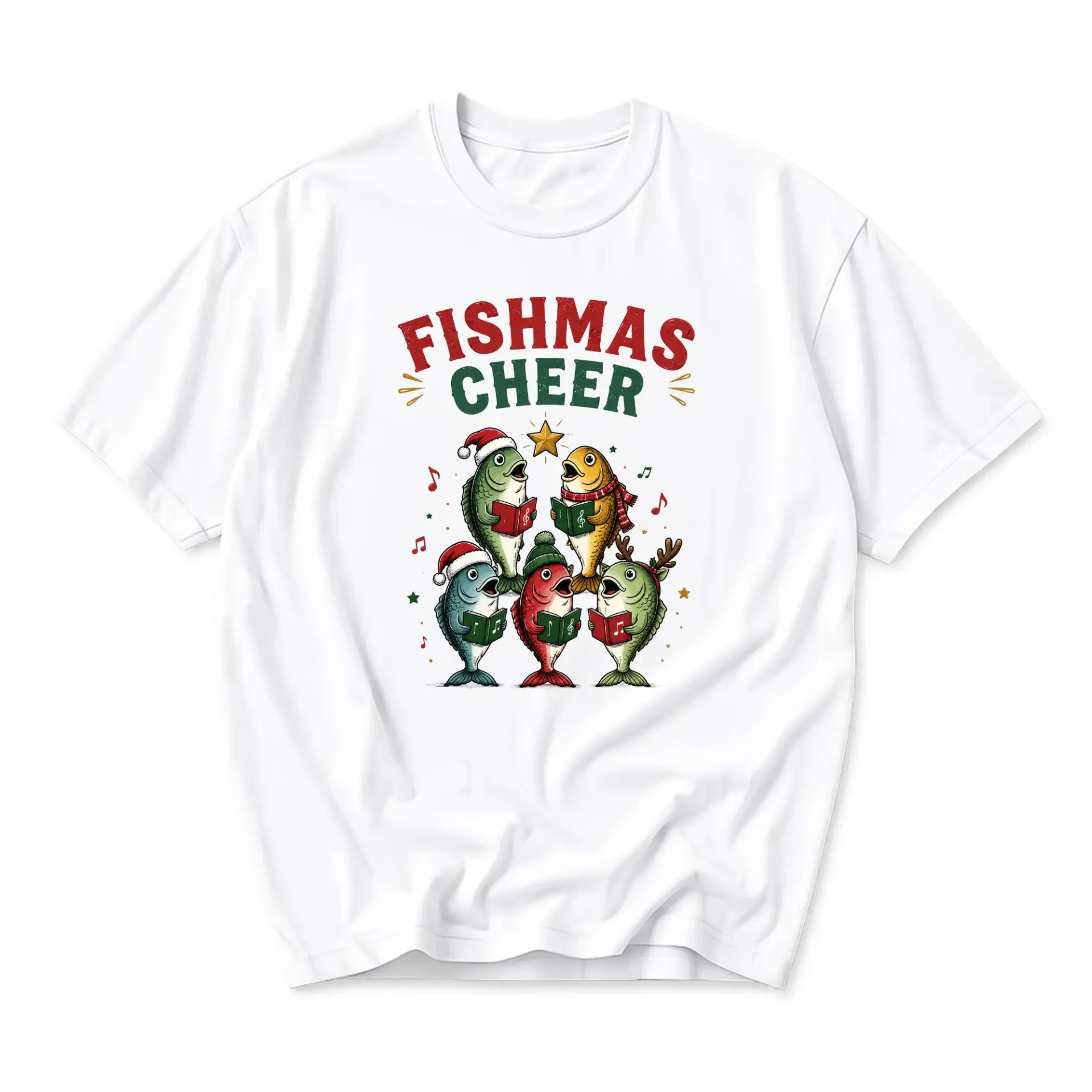 Funny Shirt Fishmas Cheer Graphic Tee Festive Singing Fish Print Casual