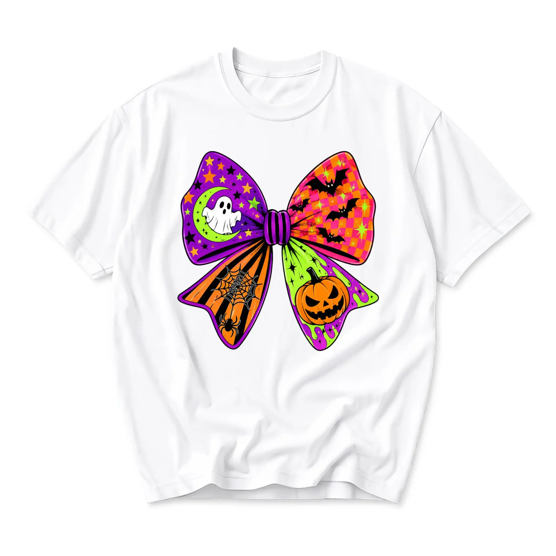 Graphic Tee Unisex Halloween Bow Shirt Spooky Seasonal Costume Apparel Featuring Ghosts Bats Pumpkins Print