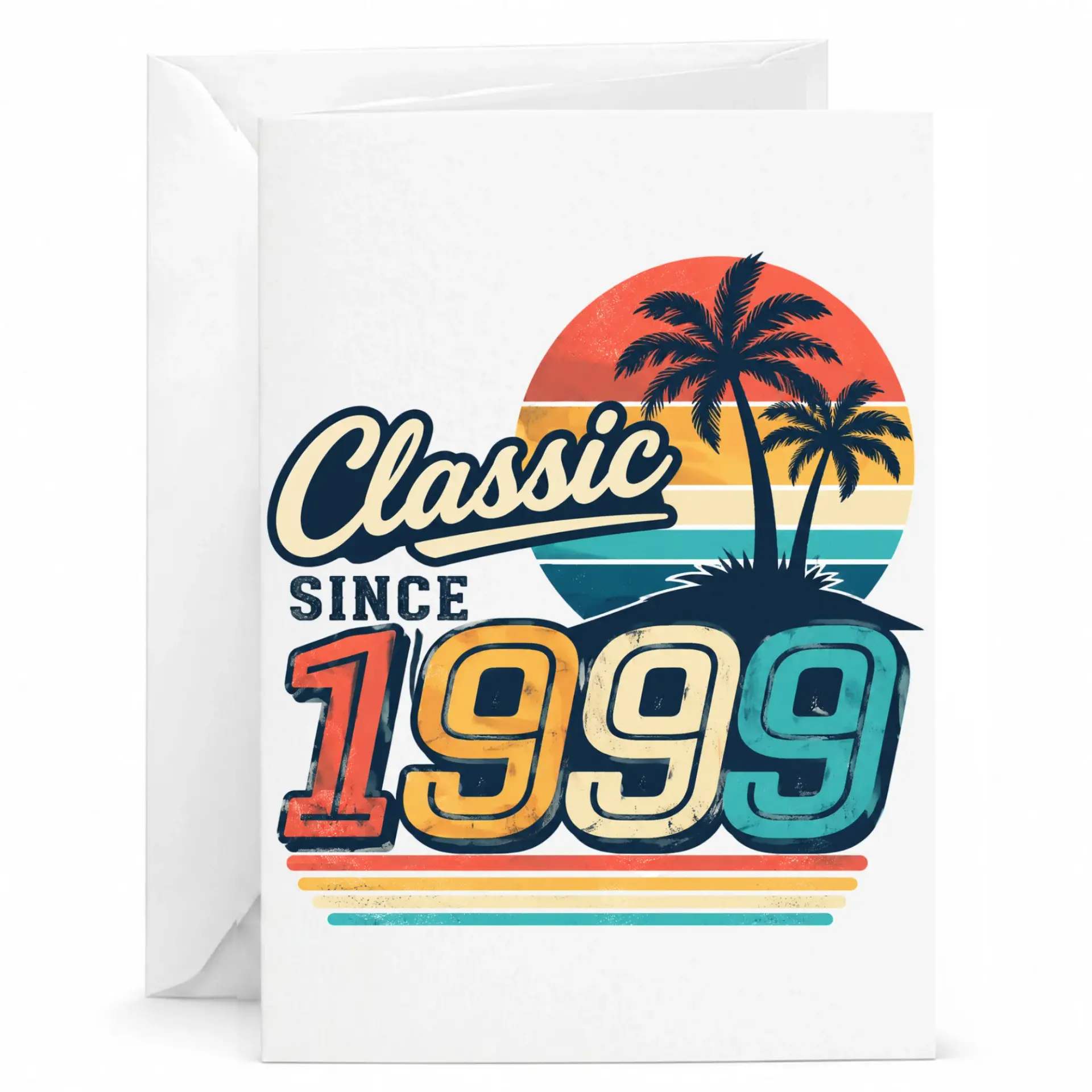Greeting Card Classic Since 1999 Birthday Card Vintage Style Tropical Sunset Motif Professional Heavyweight Paper Stationery