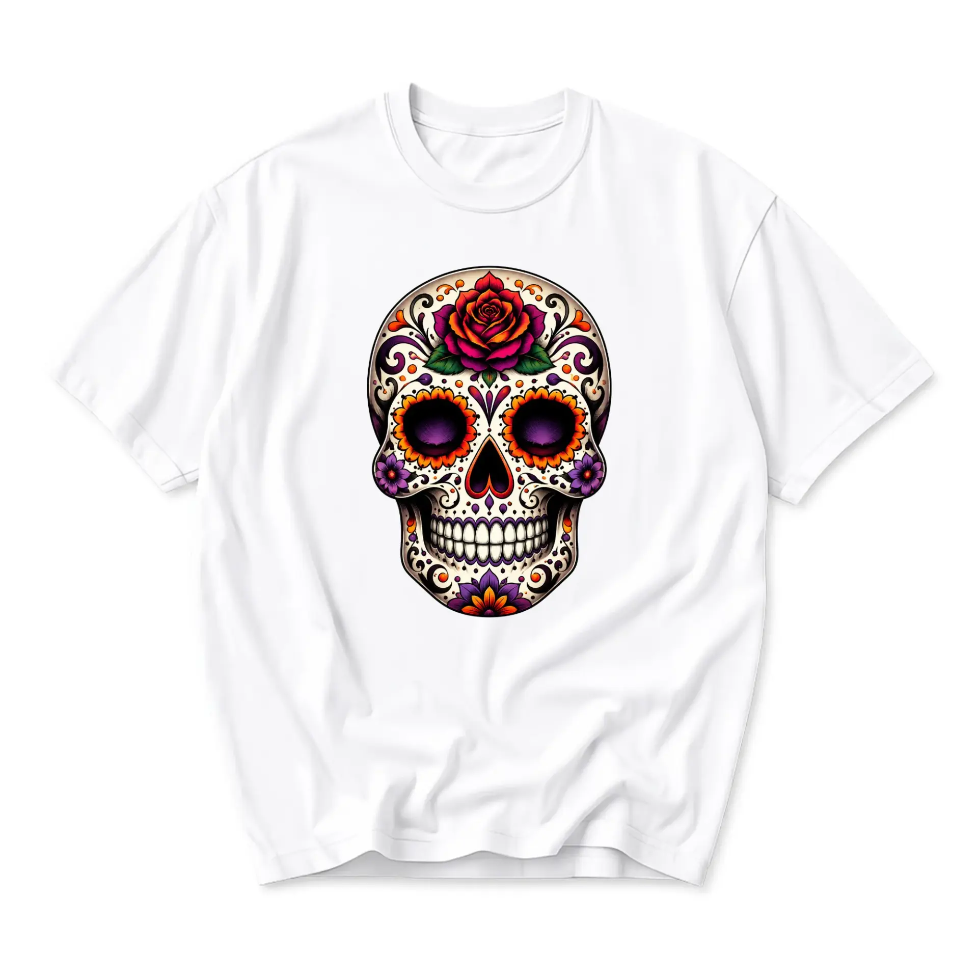 Graphic Tee Sugar Skull Rose Print Unisex Crew Neck Cotton Blend Shirt Artistic Floral Skeleton Apparel Casual Top