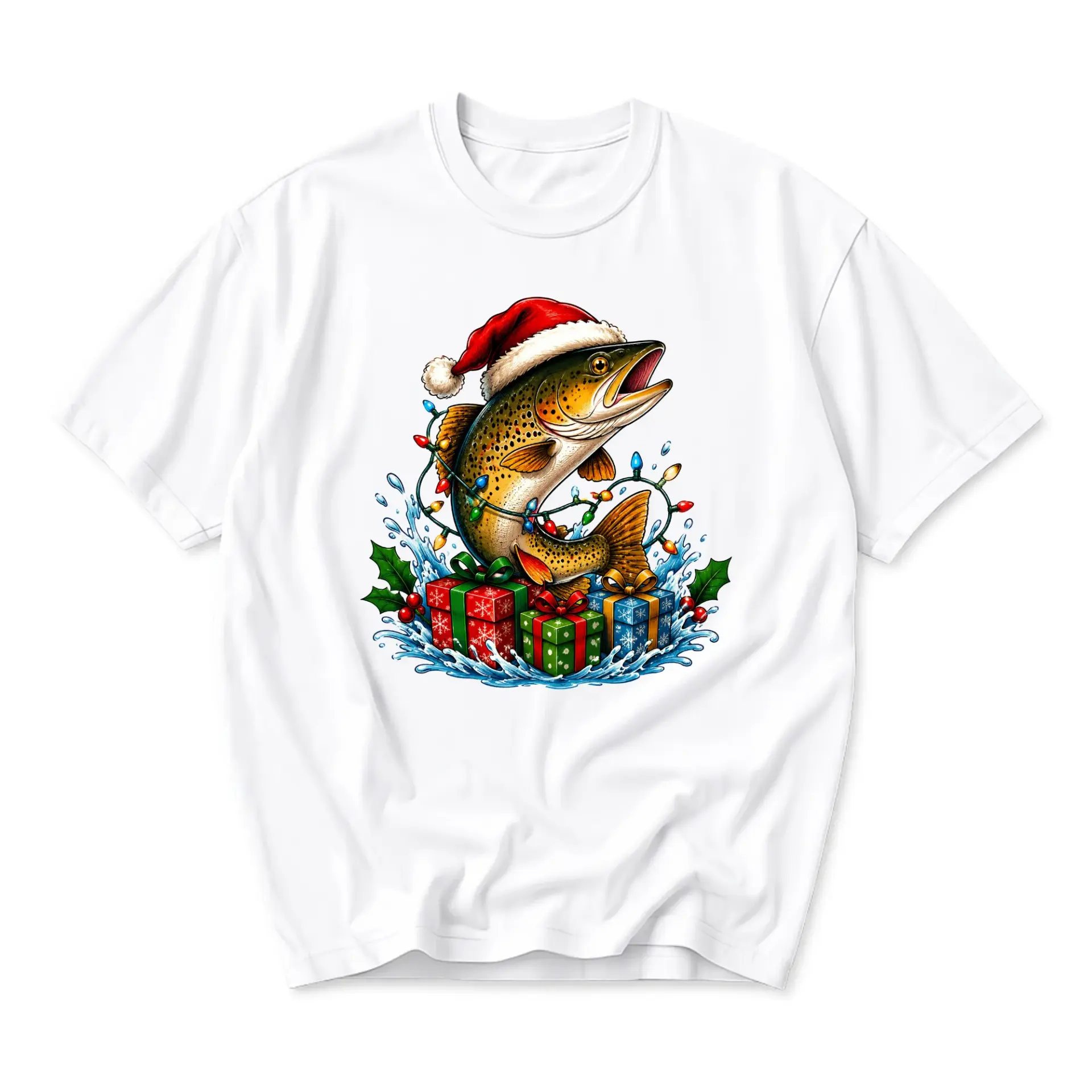 Graphic Tee Christmas Fishing Holiday Shirt Featuring a Festive Jumping Trout Wearing a Santa Hat with Presents