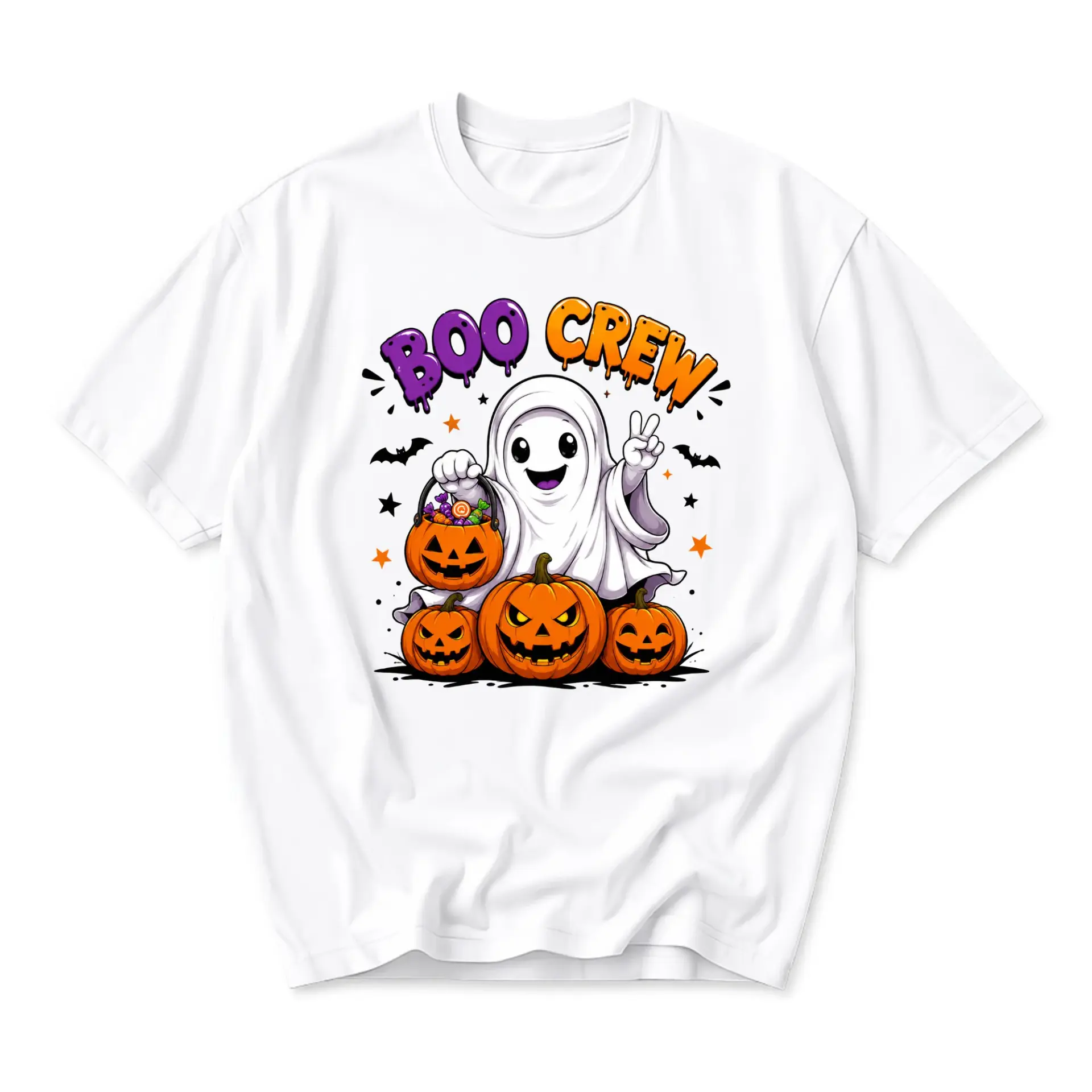 Graphic Tee Boo Crew Halloween Ghost with Pumpkins Unisex Crew Neck Shirt for Casual Everyday Wear Holiday Outfit