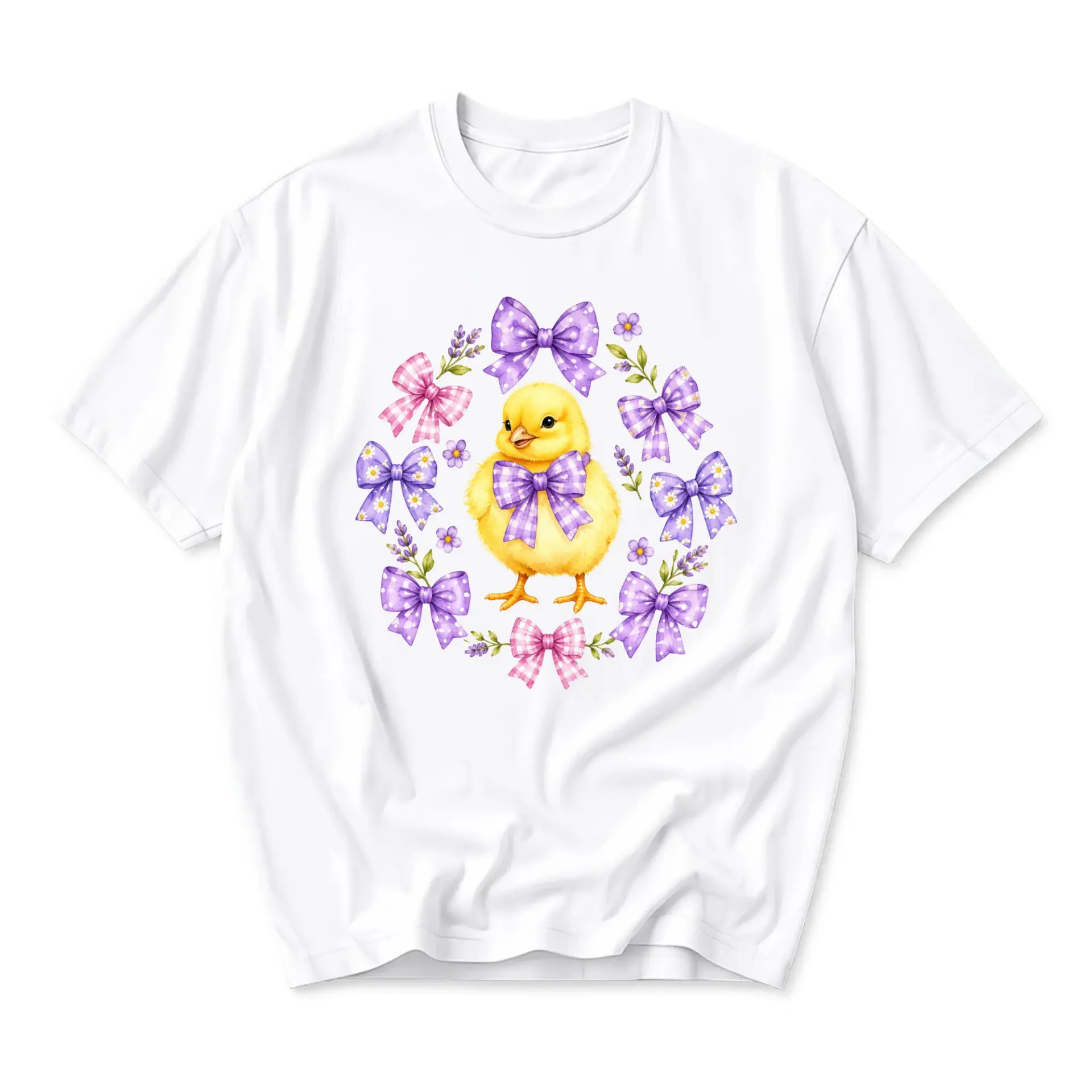 Graphic Tee Cute Baby Chick with Purple Gingham Bows Floral Wreath Print Unisex Casual Short Sleeve Cotton Shirt