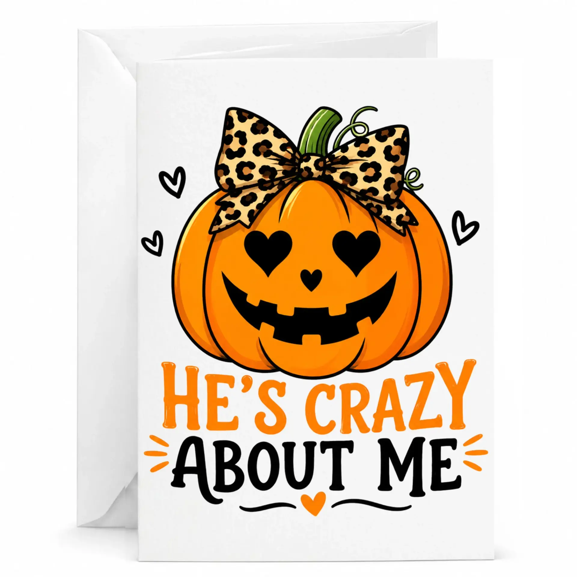 Funny Pumpkin Greeting Card with Leopard Print Bow Design for Fall Romantic Occasions and Seasonal