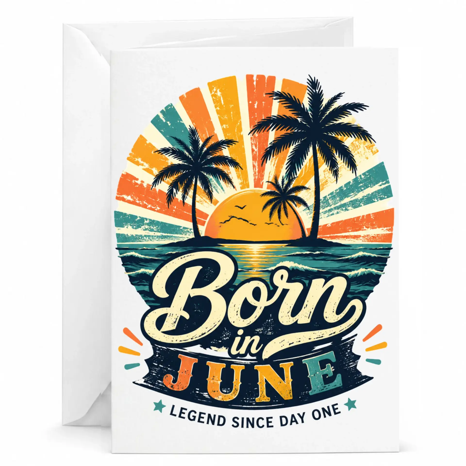 Birthday Card Born in June Legend Since Day One Vintage Tropical Sunset Design Greeting Card for June Birthdays