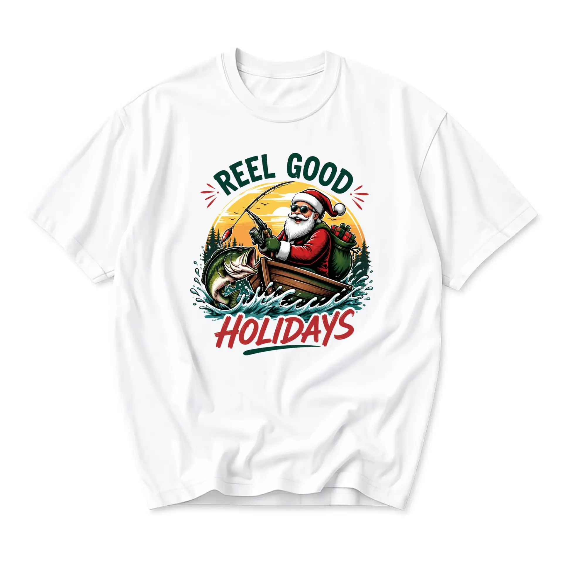Funny Shirt Reel Good Holidays Santa Fishing Graphic Tee Casual Unisex Crew Neck Seasonal Apparel for Fisherman Enthusiasts