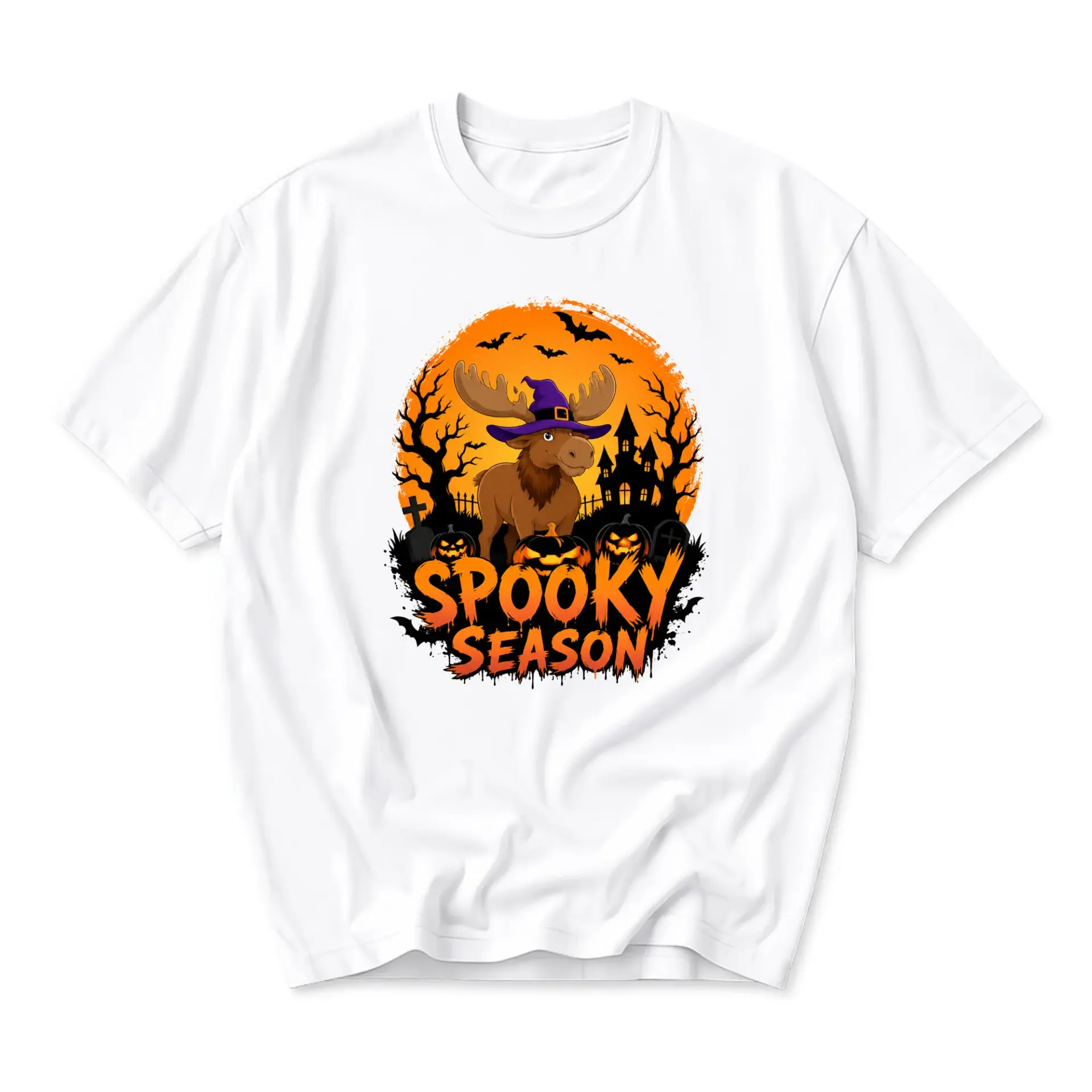 Funny Shirt Spooky Season Moose Graphic Tee Halloween Fall Autumn Unisex Crew Neck Casual Cotton Blend T-Shirt
