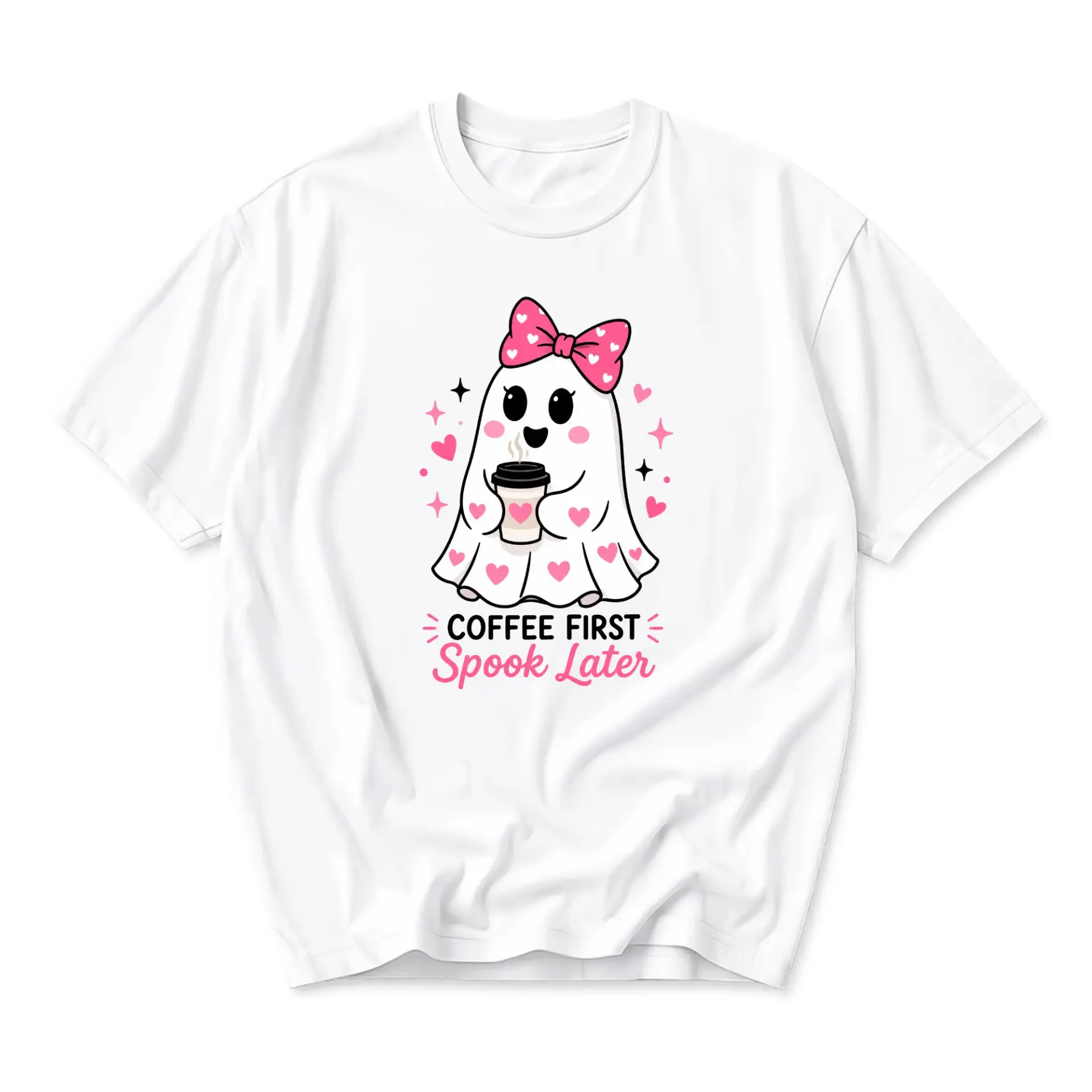 Funny Shirt Coffee First Spook Later Graphic Tee Cute Ghost Holding Coffee Cup Illustration Unisex Casual Top