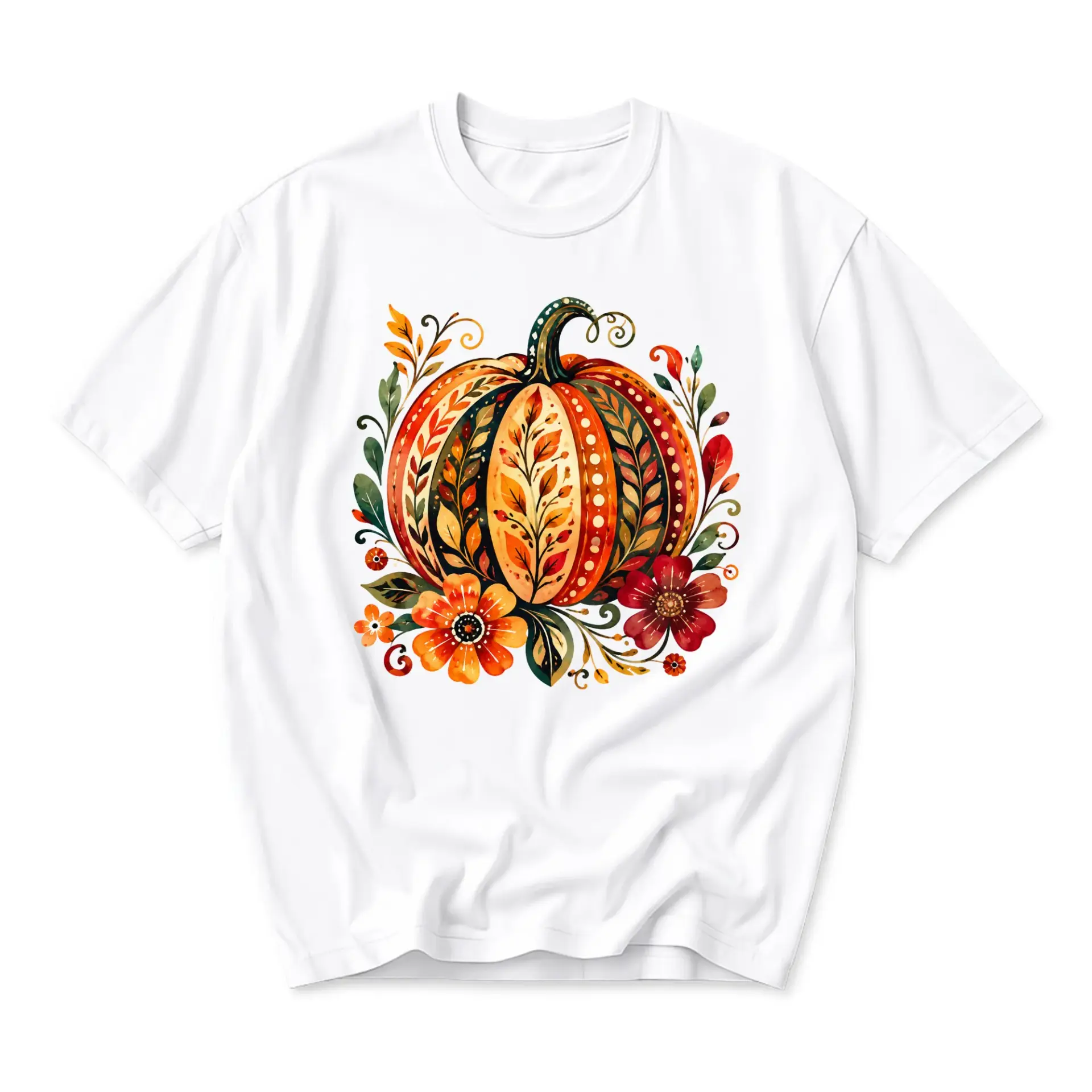 Graphic Tee Pumpkin Floral Art Print Autumn Seasonal Apparel Unisex Crew Neck Short Sleeve Shirt for Casual Daily Wear