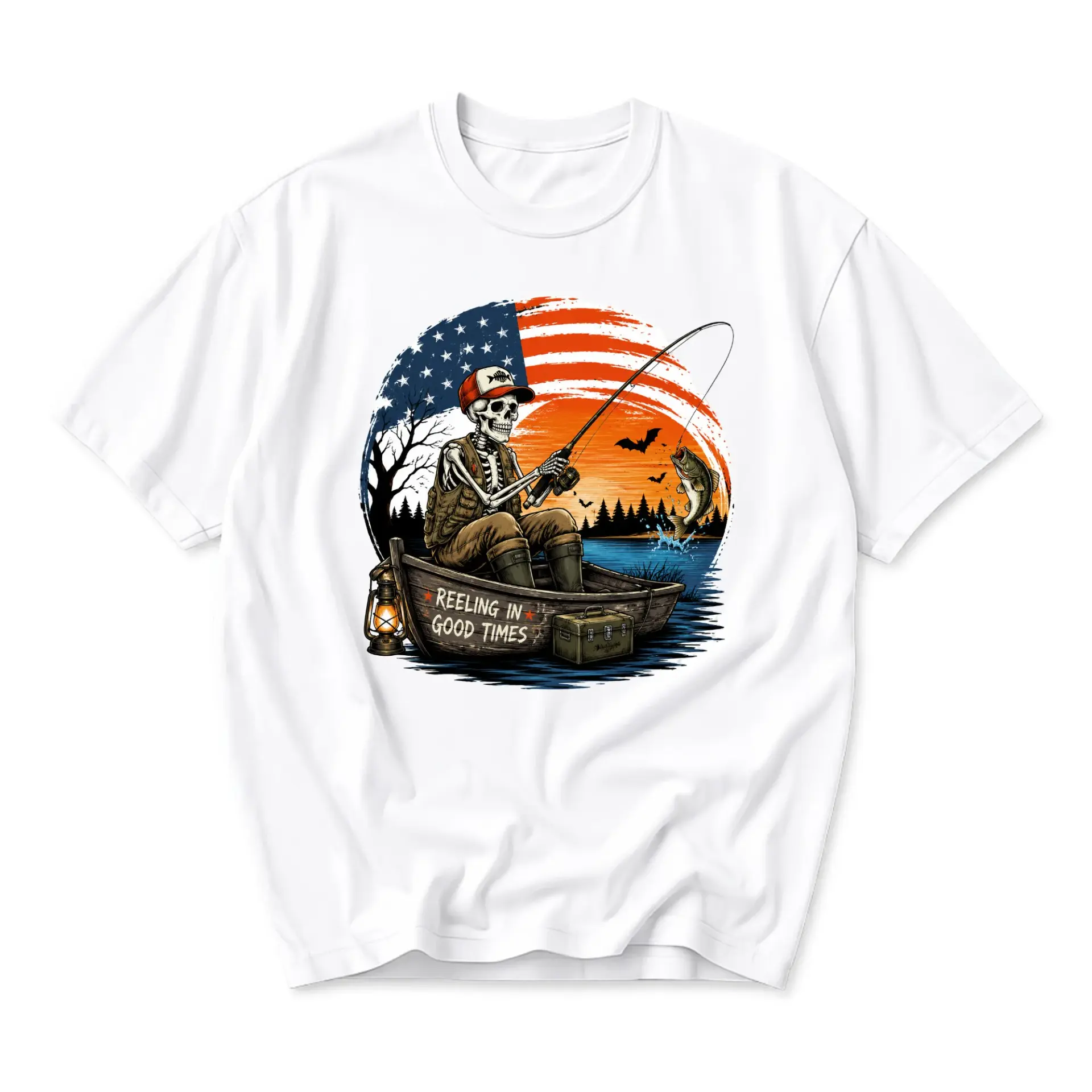Graphic Tee Skeleton Fishing Patriotic Sunset Print Unisex Crew Neck Shirt for Outdoor Enthusiasts and Casual Wear