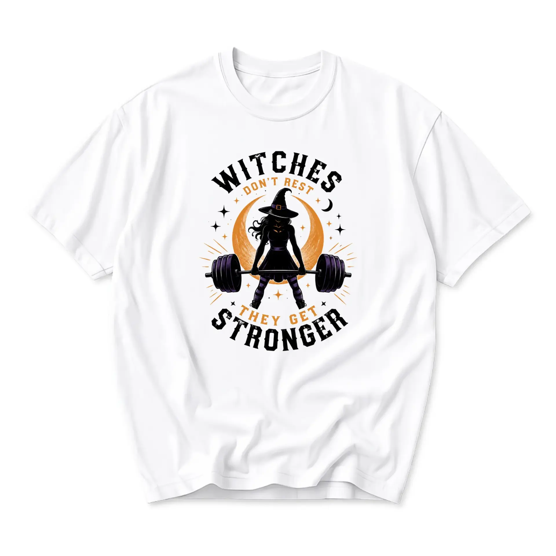 Funny Shirt Witches Don't Rest They Get Stronger Graphic Tee Weightlifting Workout Fitness Unisex Crew Neck T-Shirt