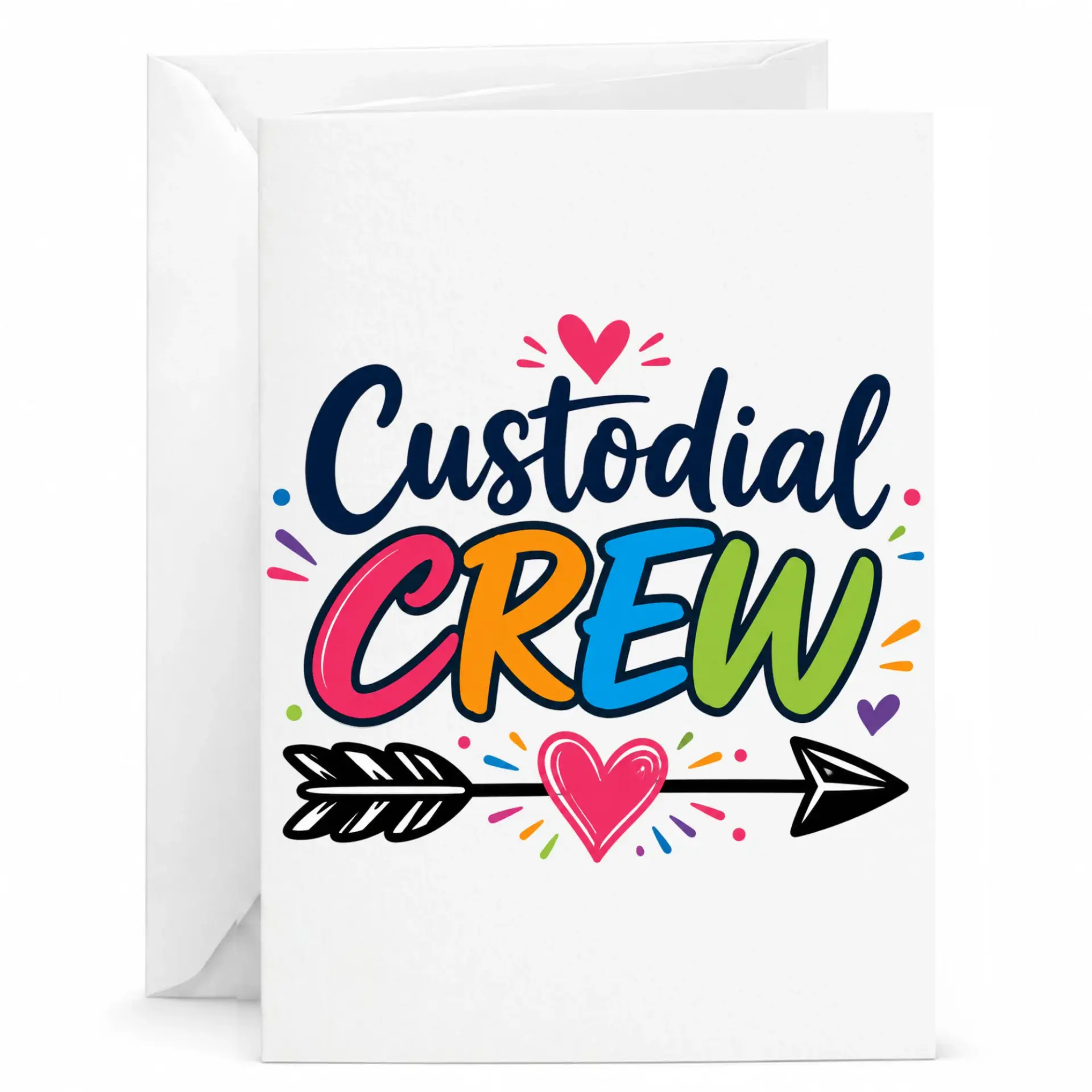Greeting Card Custodial Crew Appreciation Colorful Typography Design with Hearts and Illustration