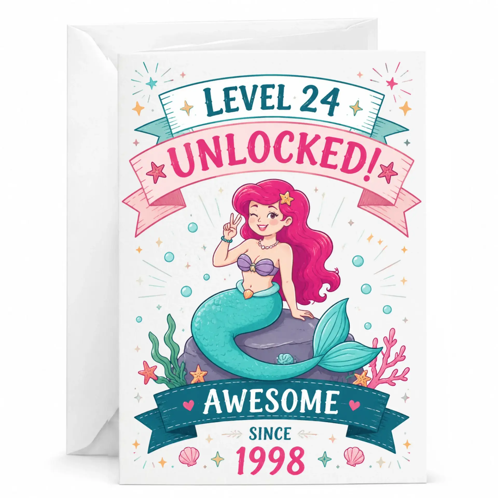 Birthday Card Level 24 Unlocked Awesome Since 1998 Mermaid Themed Greeting Card for 24th Birthday Celebration