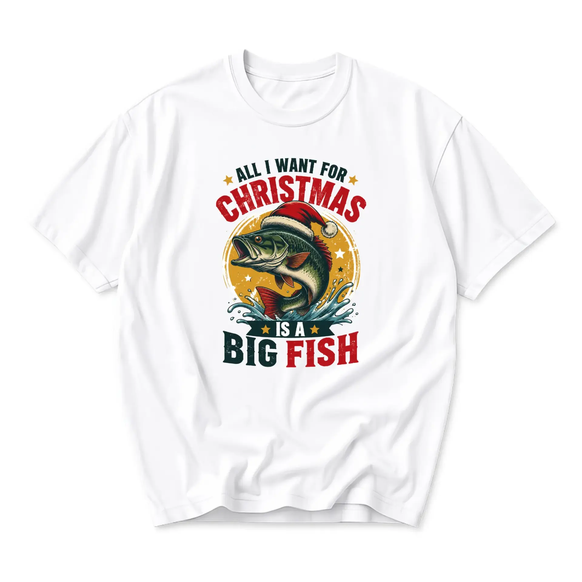 Funny Shirt All I Want for Christmas Is a Big Fish Graphic Print Holiday Fishing Theme Unisex Crew Neck Tee Top