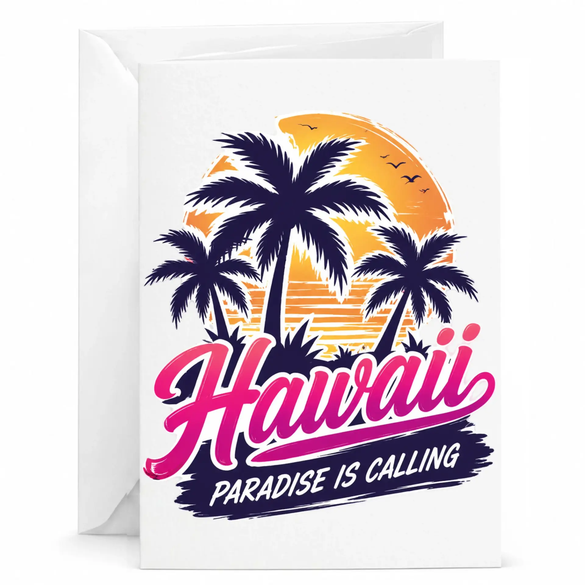 Greeting Card Hawaii Paradise Is Calling Tropical Palm Tree Sunset Beach Travel Theme Stationary Note Card