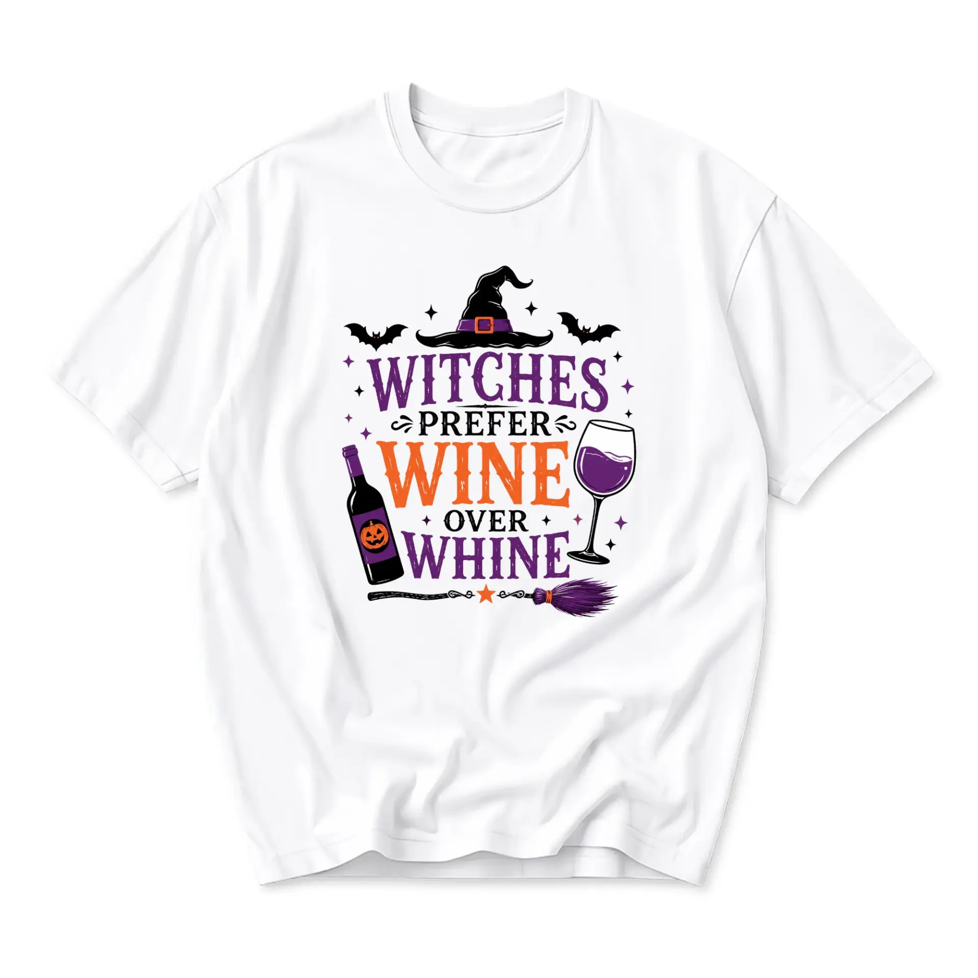 Funny Shirt Witches Prefer Wine over Whine Graphic Tee Unisex Casual Crew Neck Holiday Autumn Party Short Sleeve Top