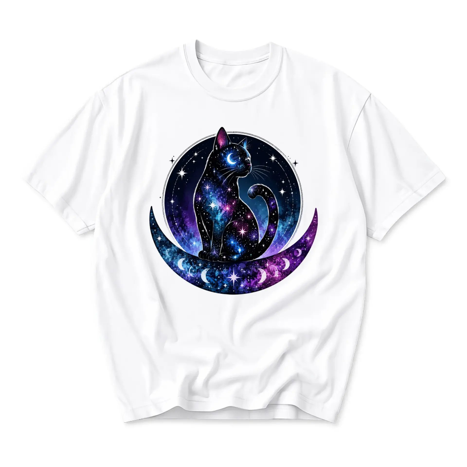 Graphic Tee Celestial Cat Moon Universe Print Unisex Short Sleeve Cotton Crew Neck Everyday Casual Clothing Apparel