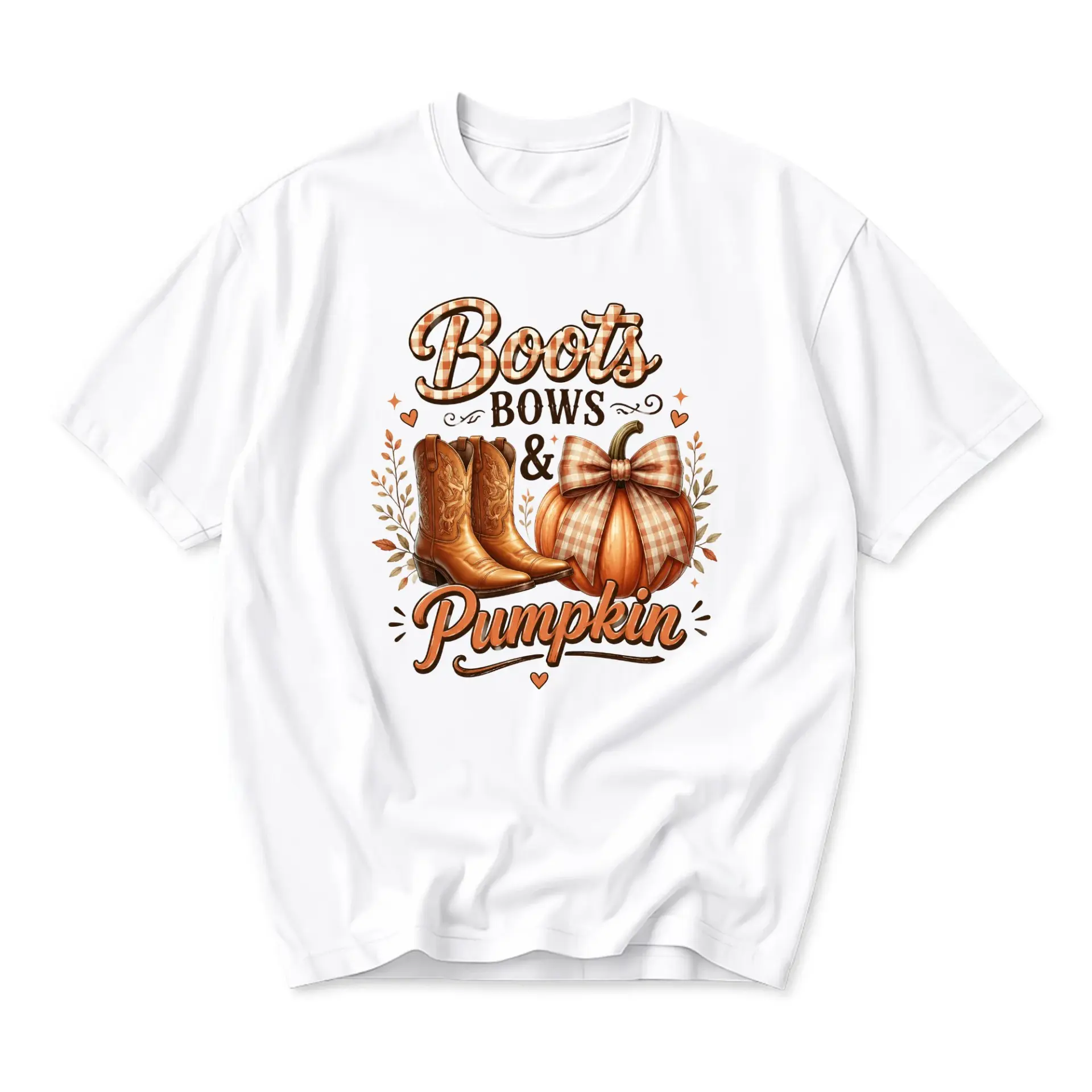 Graphic Tee Boots Bows and Pumpkin Western Fall Theme Unisex Crew Neck Casual Everyday Comfort Cotton Blend Shirt