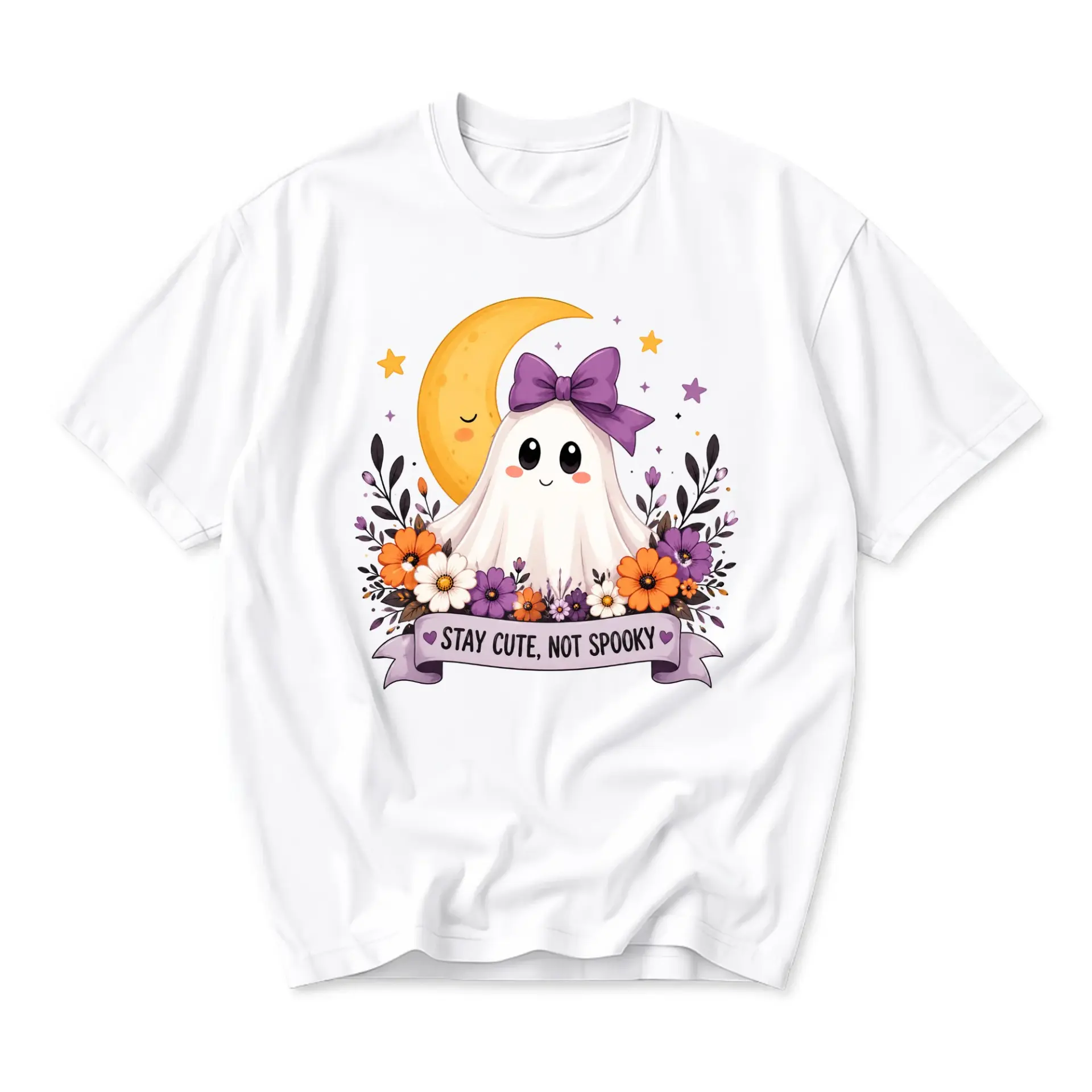 Funny Shirt Stay Cute Not Spooky Ghost Graphic Tee Unisex Casual Crew Neck Soft Cotton Blend Everyday Graphic Print