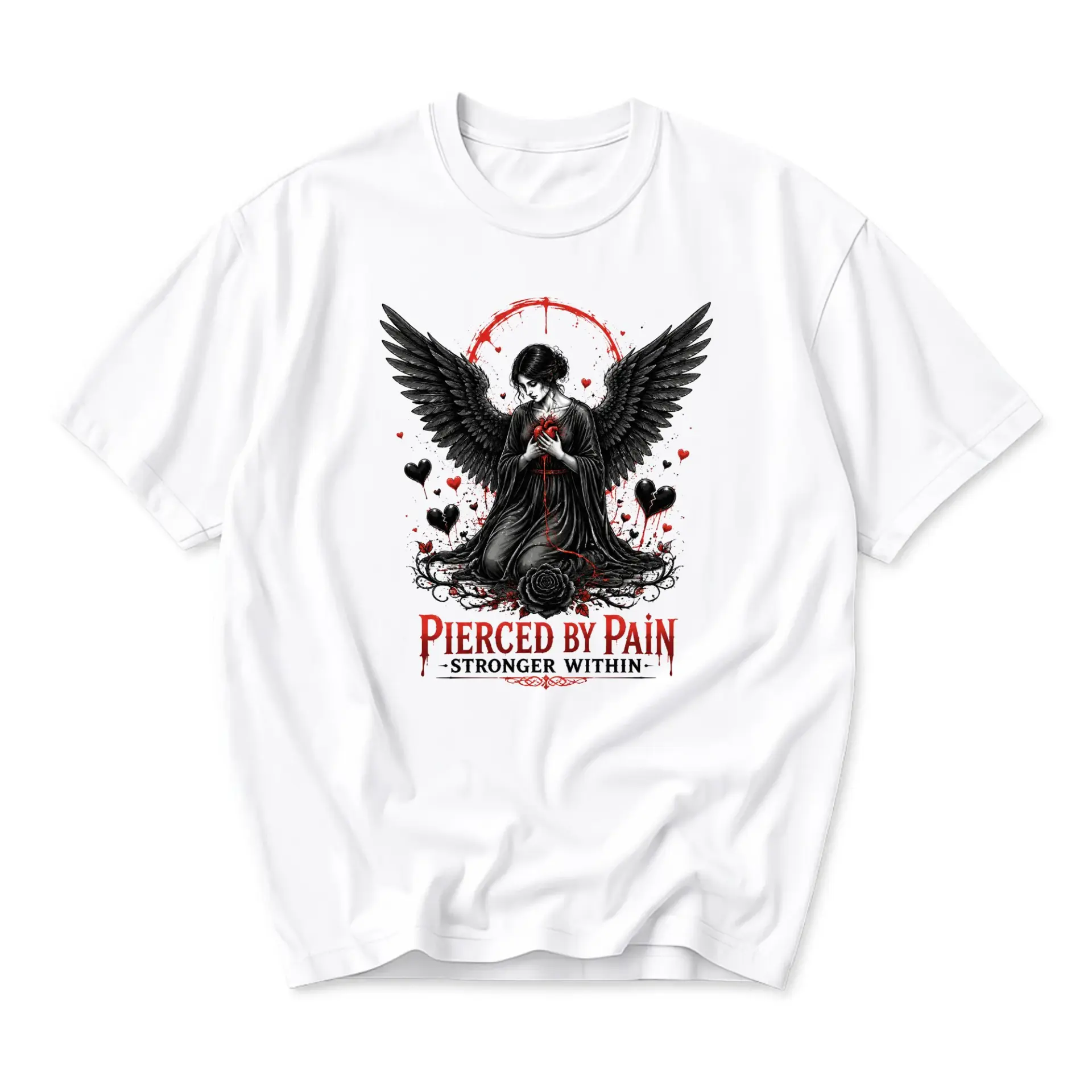 Graphic Tee Pierced by Pain Stronger Within Angel Wing Heart Art Unisex Short Sleeve Casual Crew Neck T-Shirt White