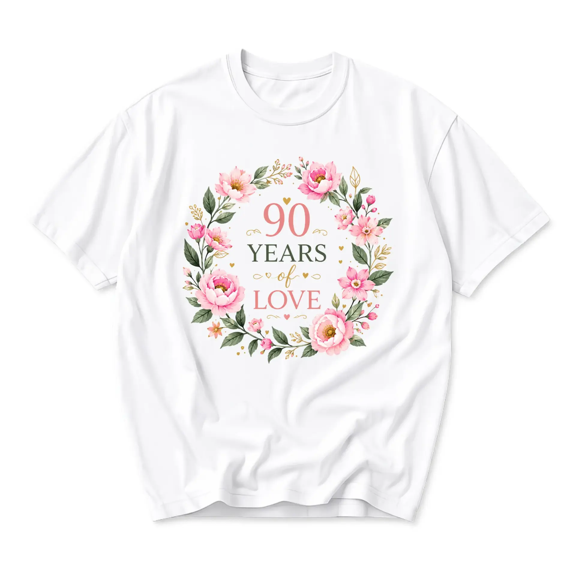 Graphic Tee 90 Years of Love Floral Anniversary Unisex T-Shirt Celebrating Birthday Gift Casual Apparel