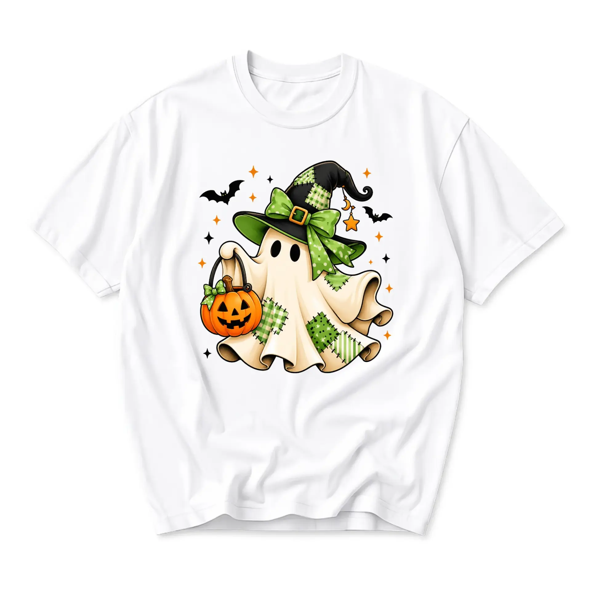 Graphic Tee Unisex Short Sleeve Crew Neck Shirt Featuring a Cute Patchwork Ghost Wearing a Green Witch Hat Design