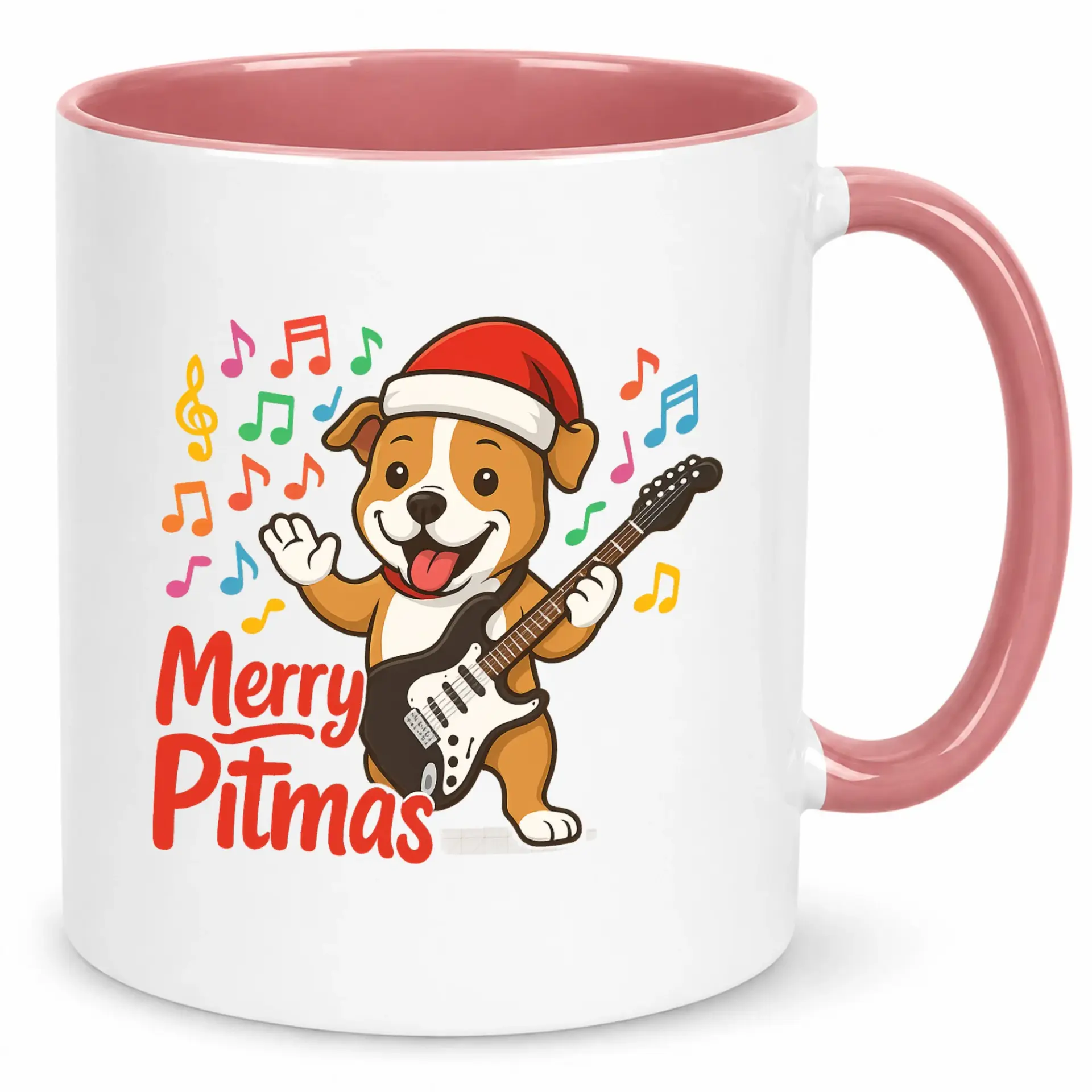Funny Christmas Pitmas Dog Guitar Player Ceramic Coffee Mug with Santa Hat and Music Notes, Festive Holiday Drinkware Gift