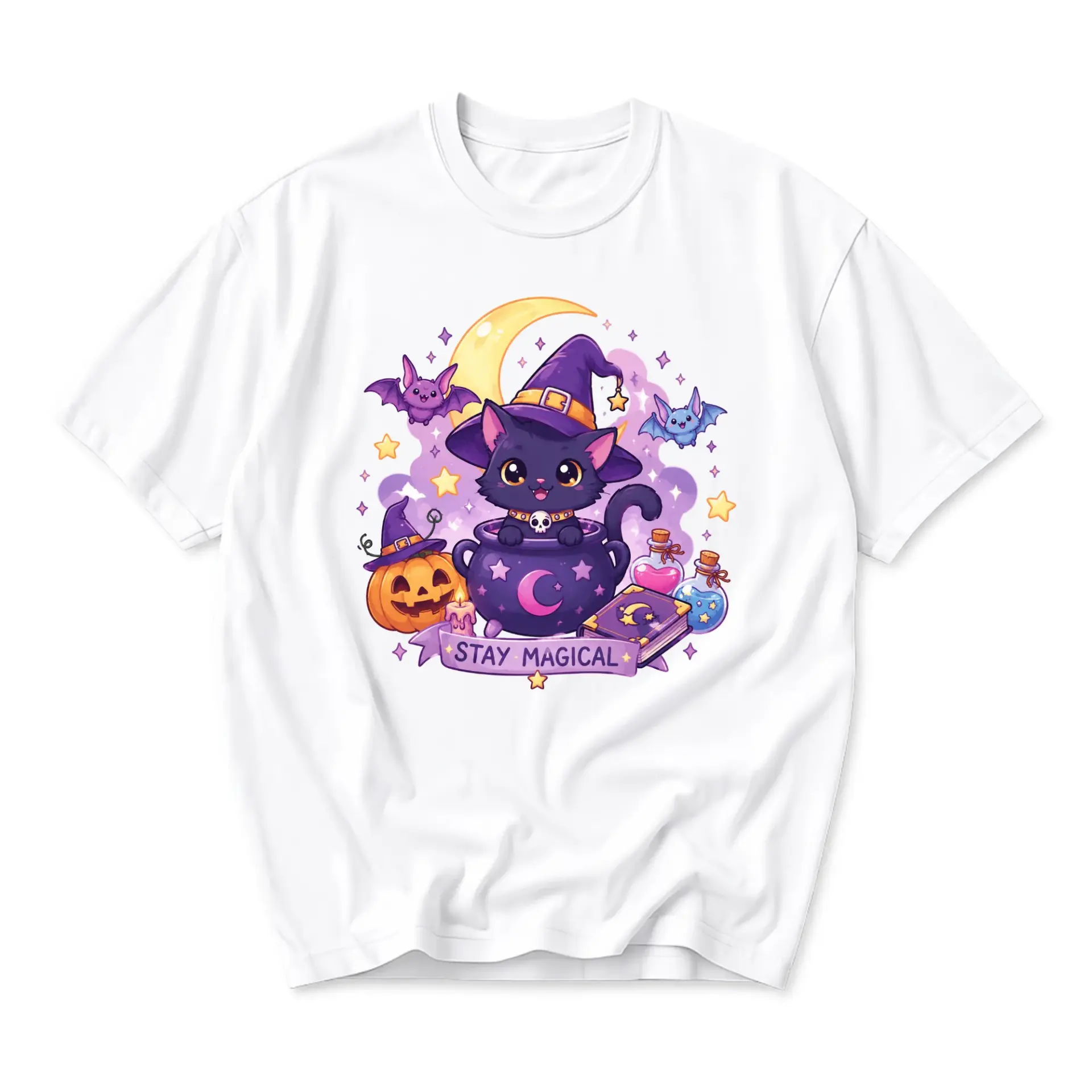 Graphic Tee Stay Magical Black Cat Witch Hat Halloween Unisex Crew Neck Cotton Blend Soft Everyday Casual Shirt