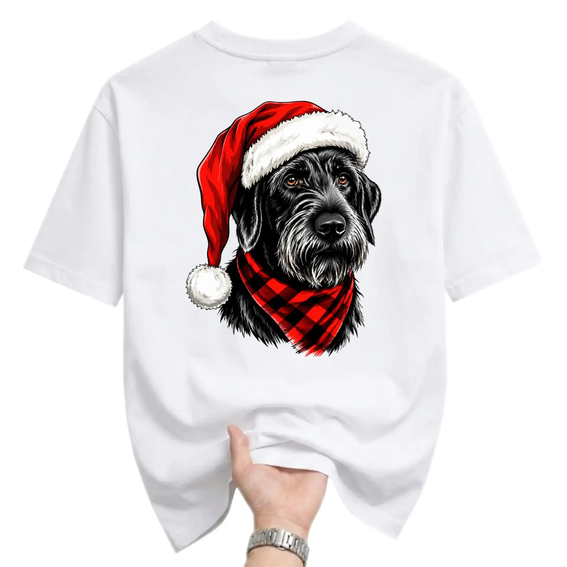 Graphic Tee Black Dog Christmas Hat Red Plaid Scarf Holiday Illustration