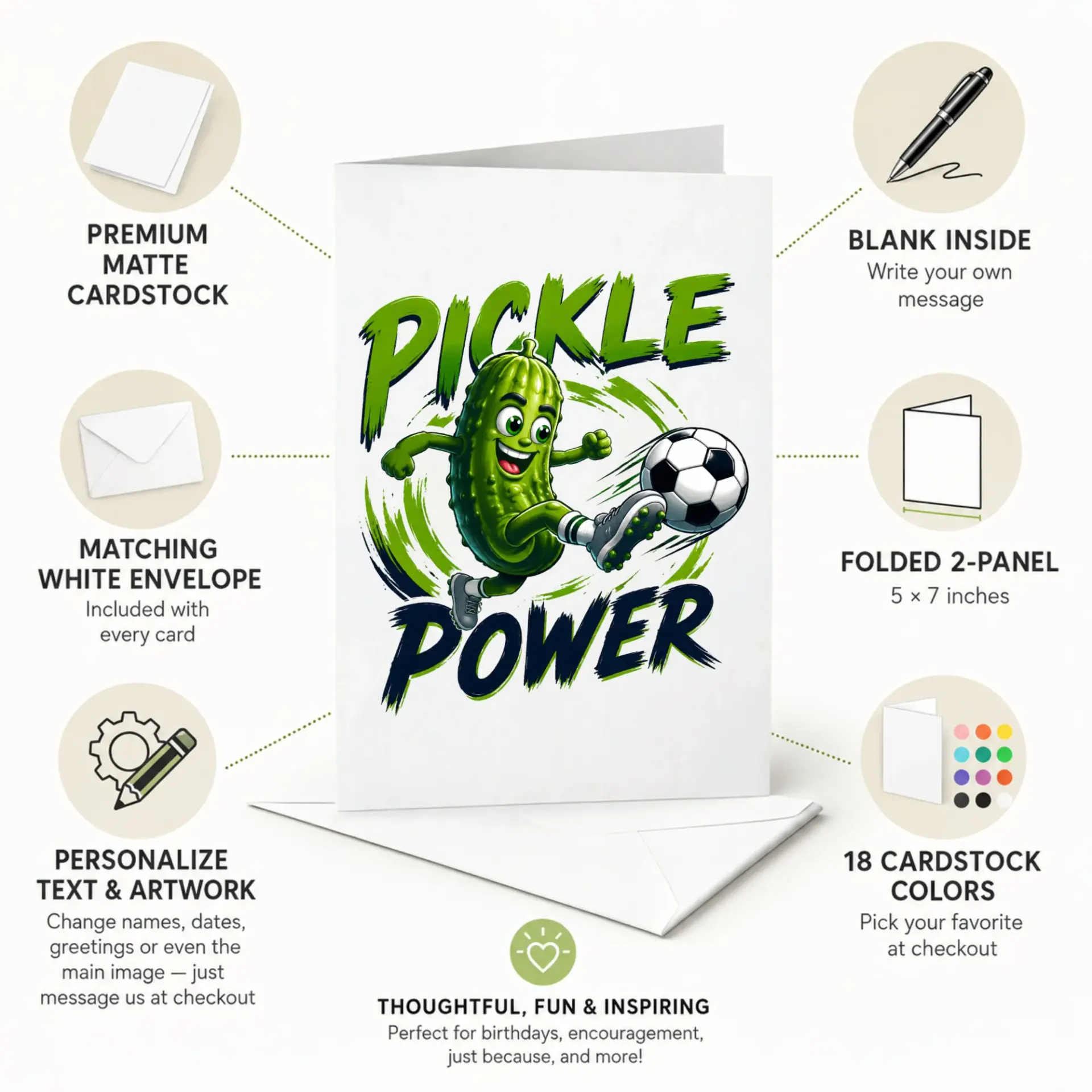 Funny Pickle Power Greeting Card with Envelope, Humorous Vegetable Soccer Athlete Illustration for Any Occasion