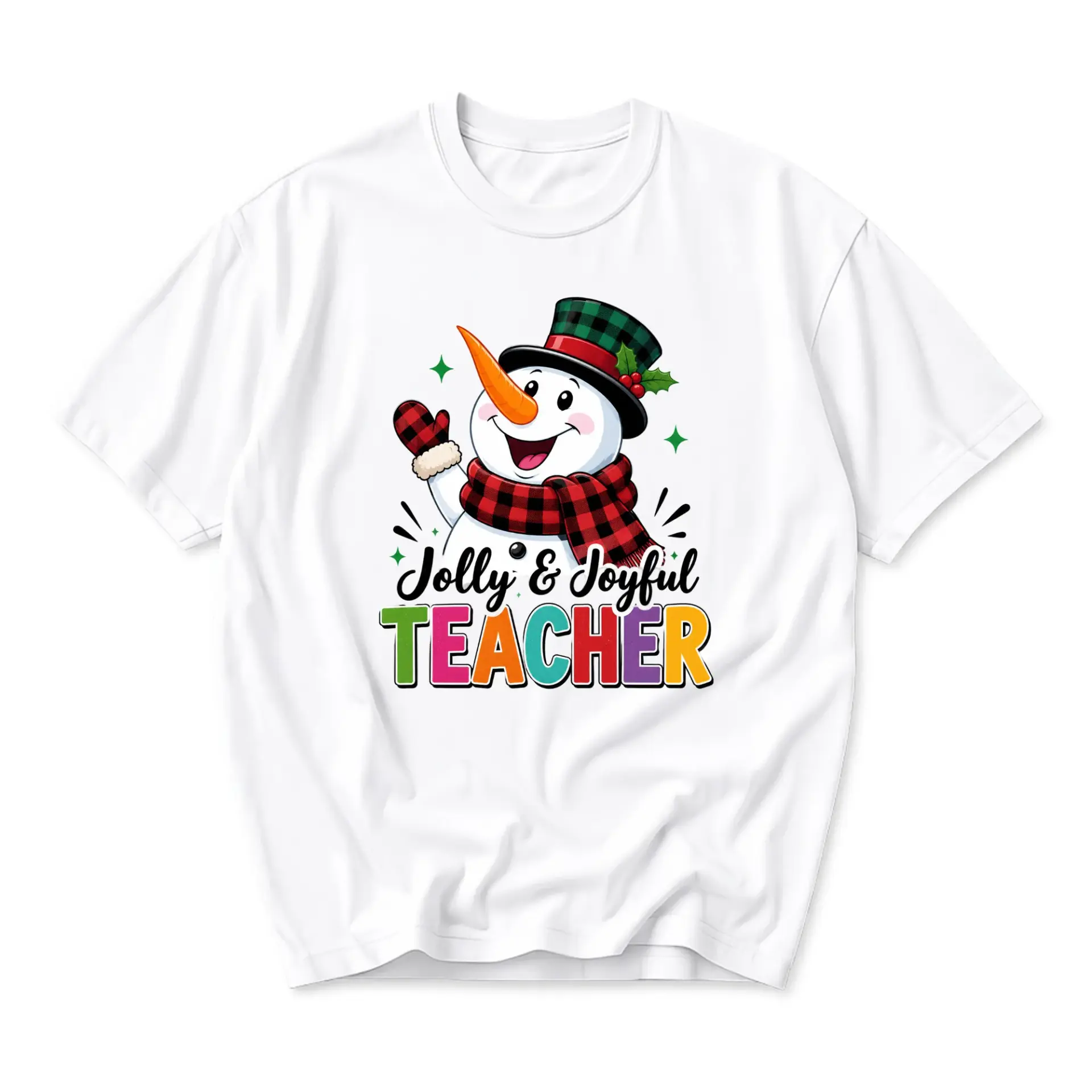 Graphic Tee Jolly and Joyful Teacher Snowman Print Unisex Crew Neck Casual Everyday Holiday Short Sleeve Shirt
