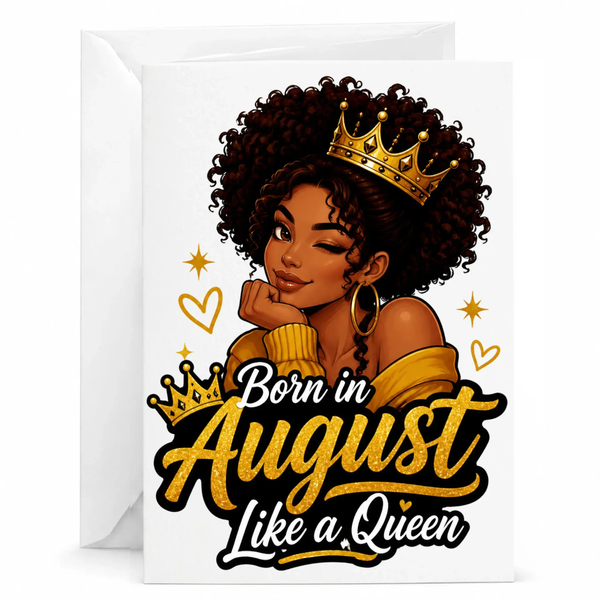 Birthday Card Born in August Like a Queen Greeting Card with Envelope Featuring Elegant Crown Illustration Design