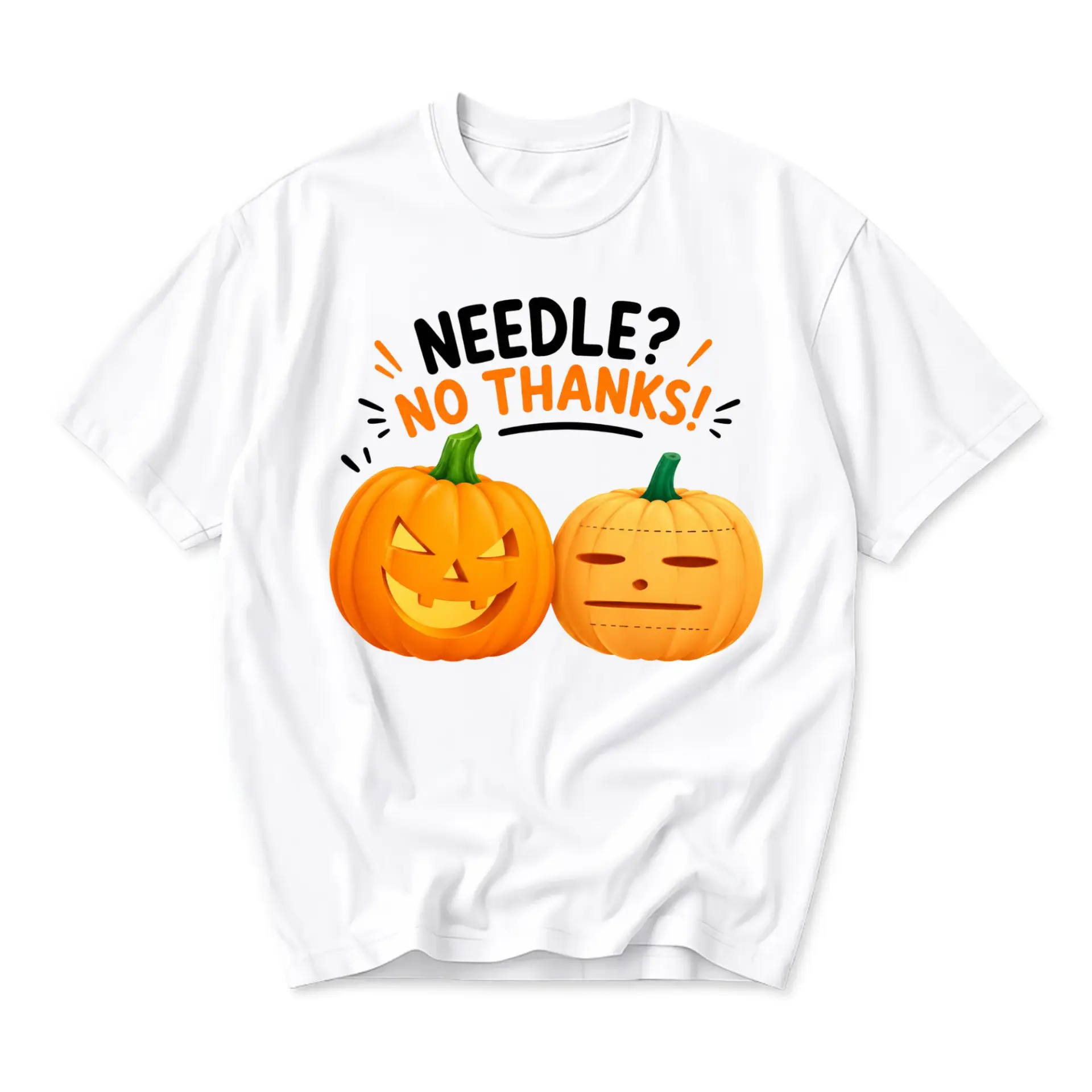 Funny Shirt Needle No Thanks Pumpkin Graphic Tee Unisex Casual Apparel for Autumn Seasonal Holidays and Every Day Wear