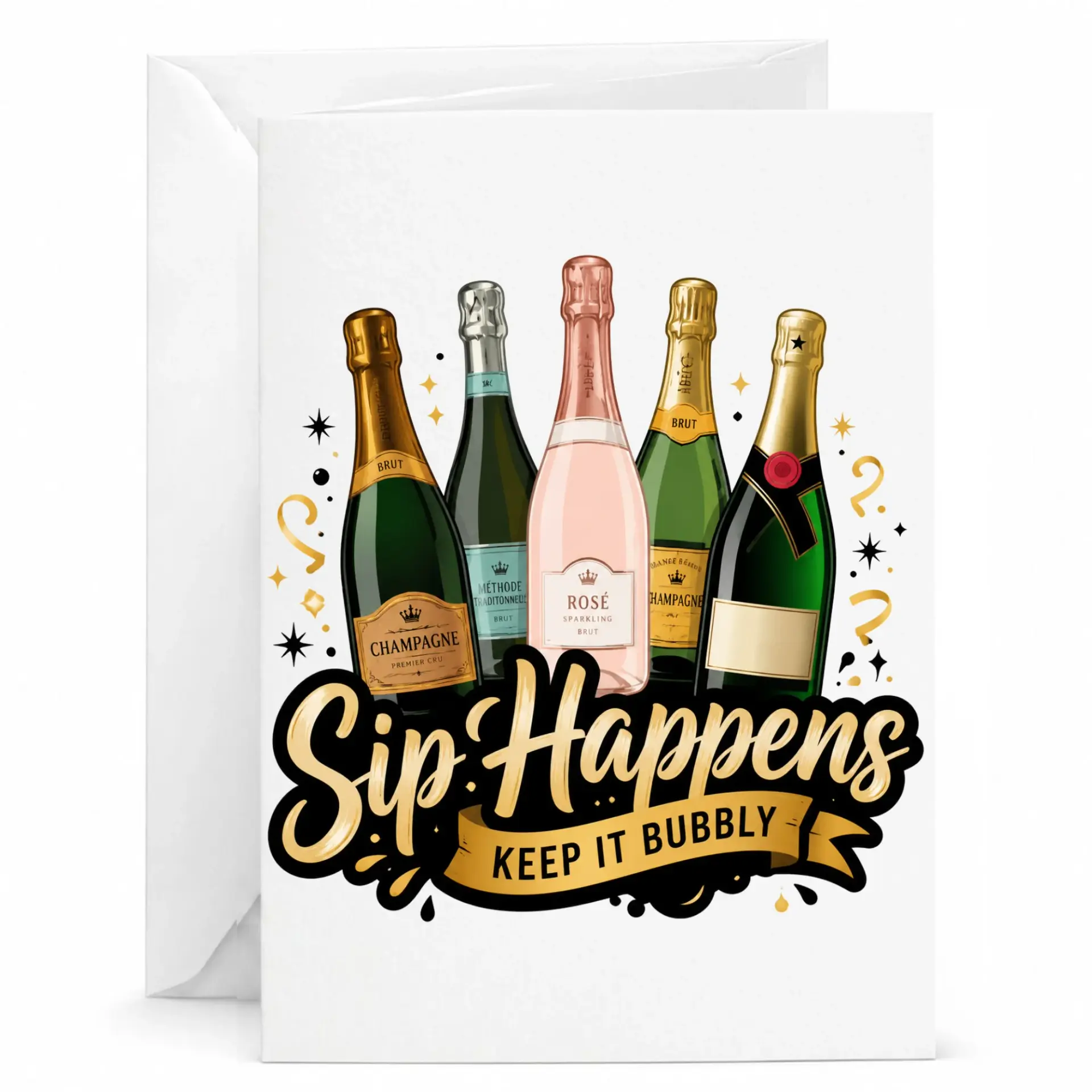 Funny Champagne Greeting Card Sip Happens Keep It Bubbly Illustration for Celebrations and Special Events